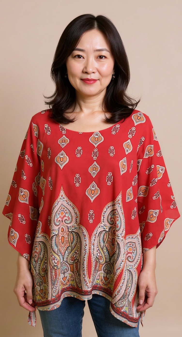 One Size Red Paisley Poncho 