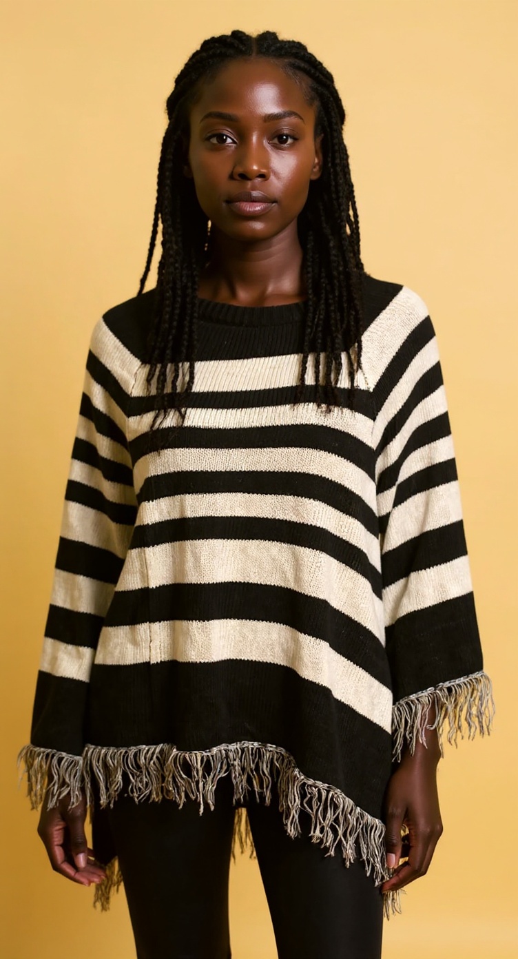 L/XL Black White Stripe Poncho