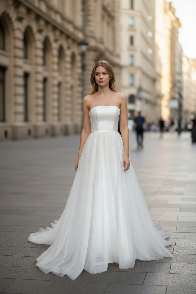 Robe de mariée bustier satin duchesse – Jupe tulle vaporeuse