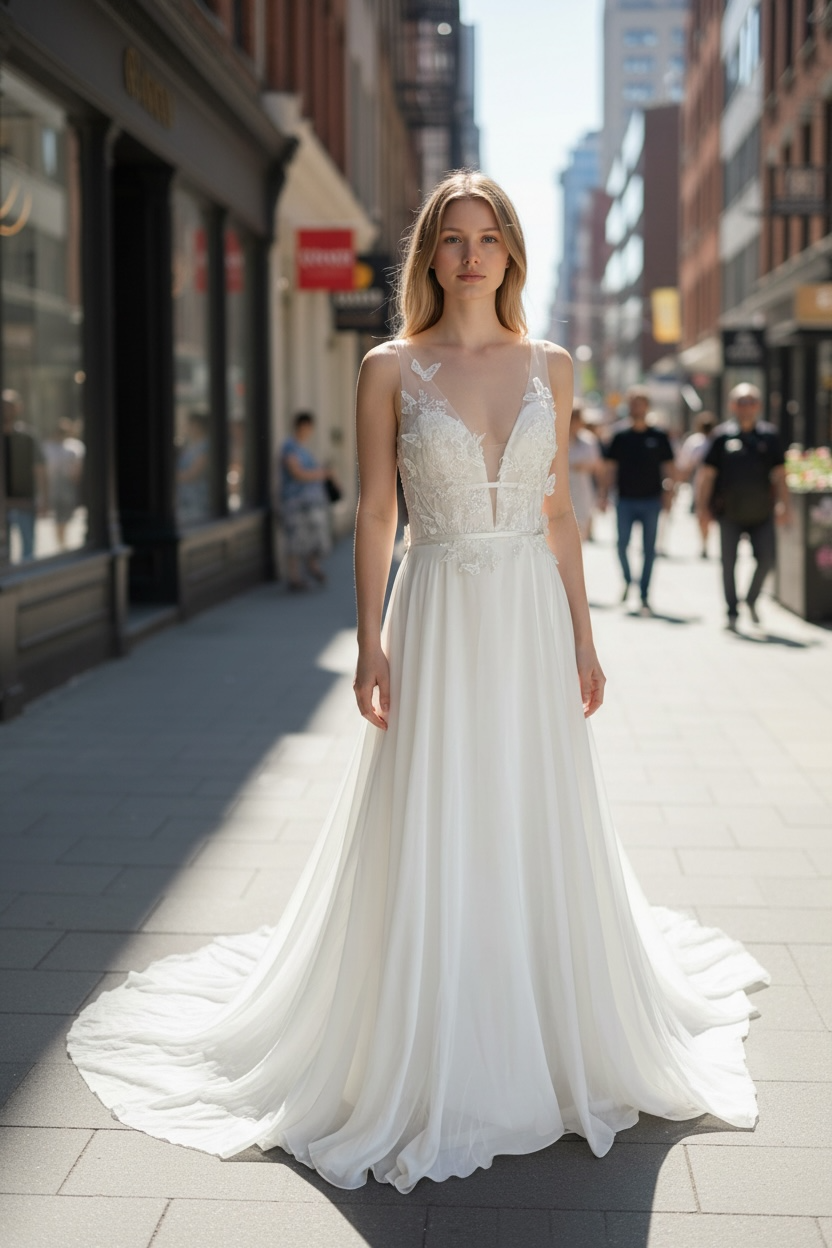 Robe de mariée dentelle 3D & tulle – Décolleté V romantique