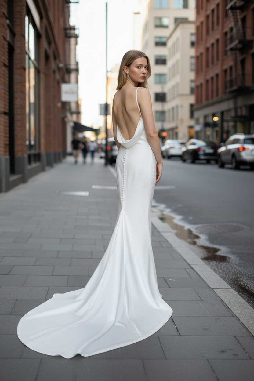 Robe de mariée sirène minimaliste – Crêpe ivoire & dos drapé