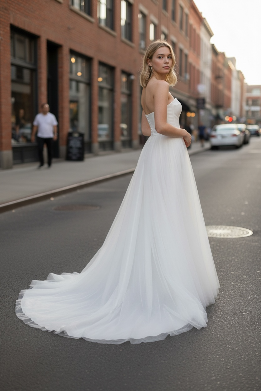 Robe de mariée bustier satin duchesse – Jupe tulle vaporeuse