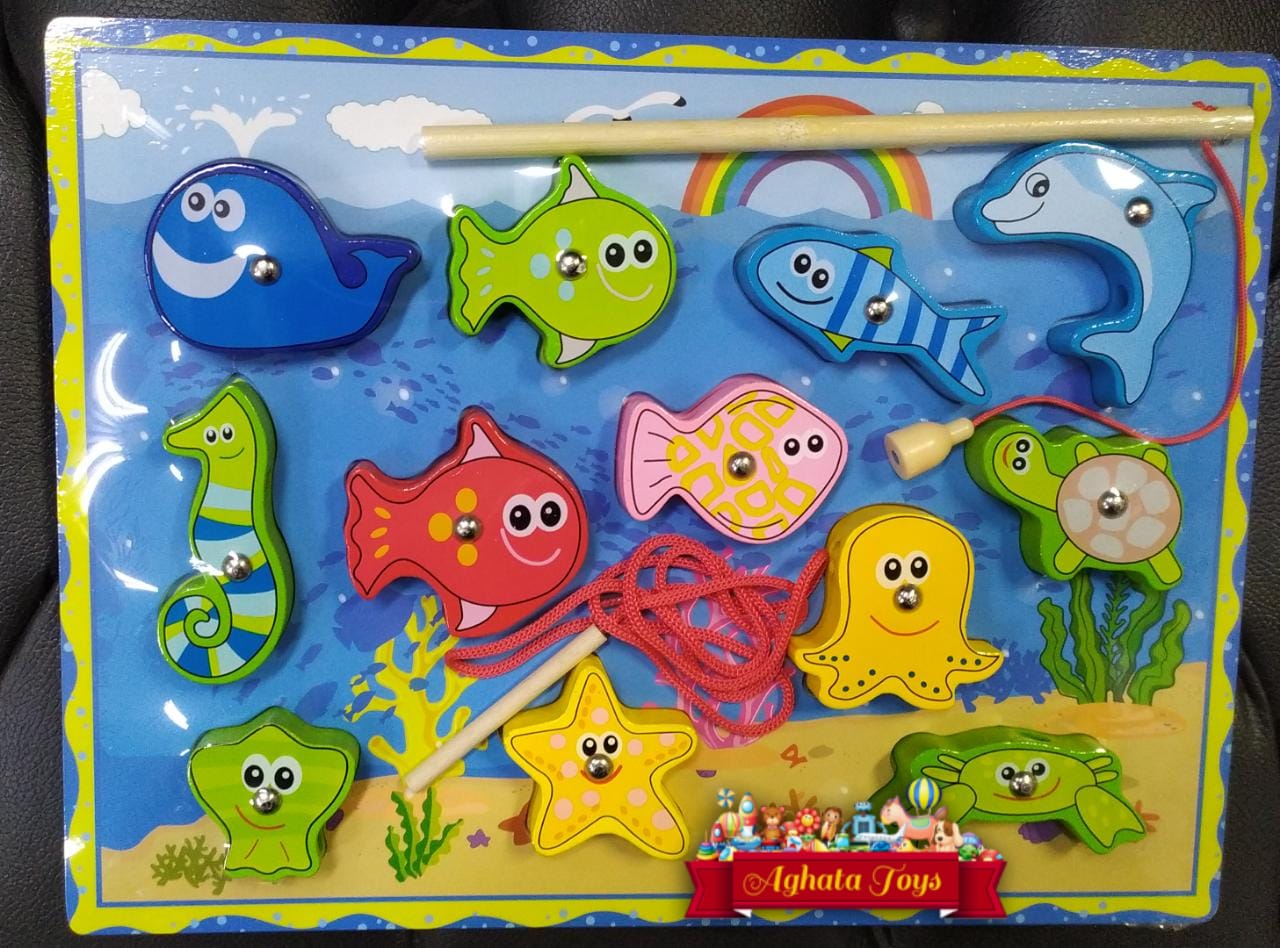 Brinquedo 3 em 1 Pescaria divertida alinhavo quebra cabeça3D madeira com imã pedagógico Montessori