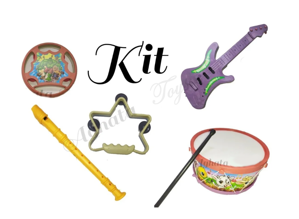 Kit Flauta Guitarra Pandeirola Pandeiro Bumbinho Com Baqueta