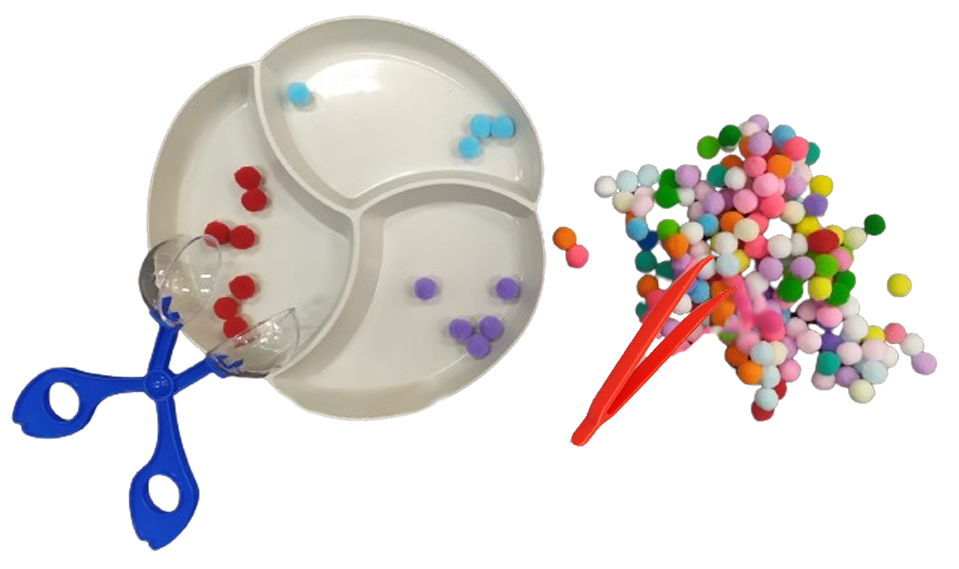 Kit Montessori 200 pompom pinças tesoura bola coordenação motora fina