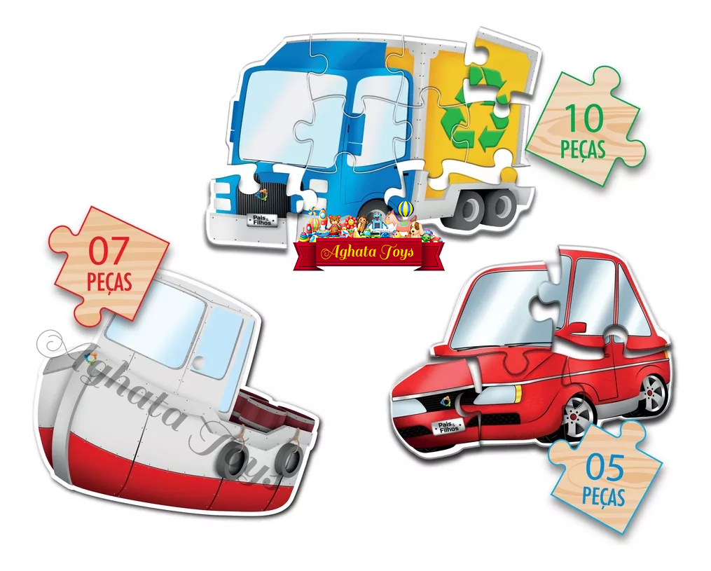 Quebra Cabeça Progressivo 3 Em 1 Meios Transporte Madeira