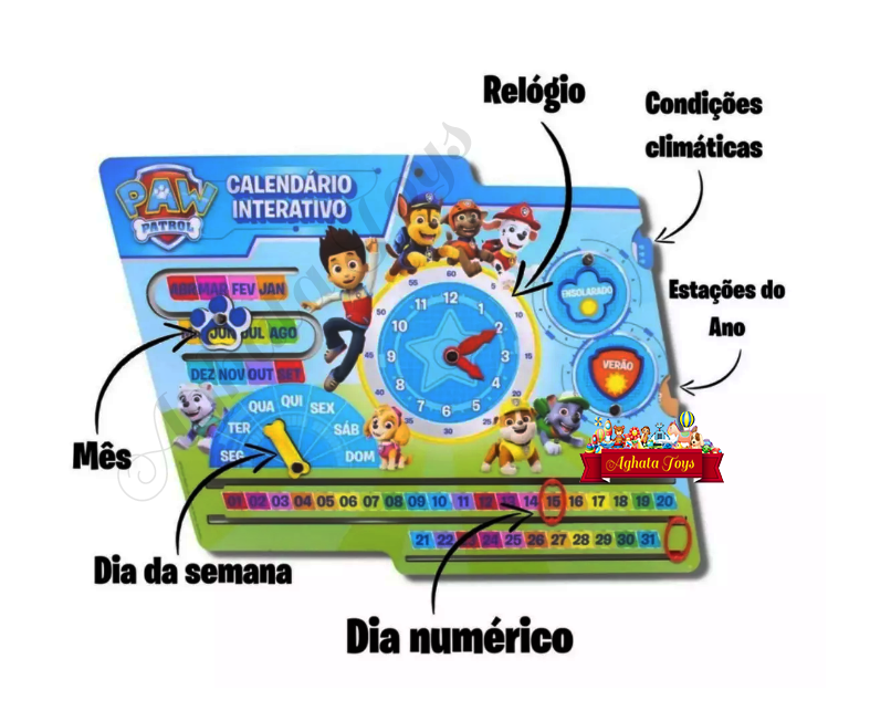 Relógio Interativo Calendário Patrulha Canina Educativo de madeira MDF