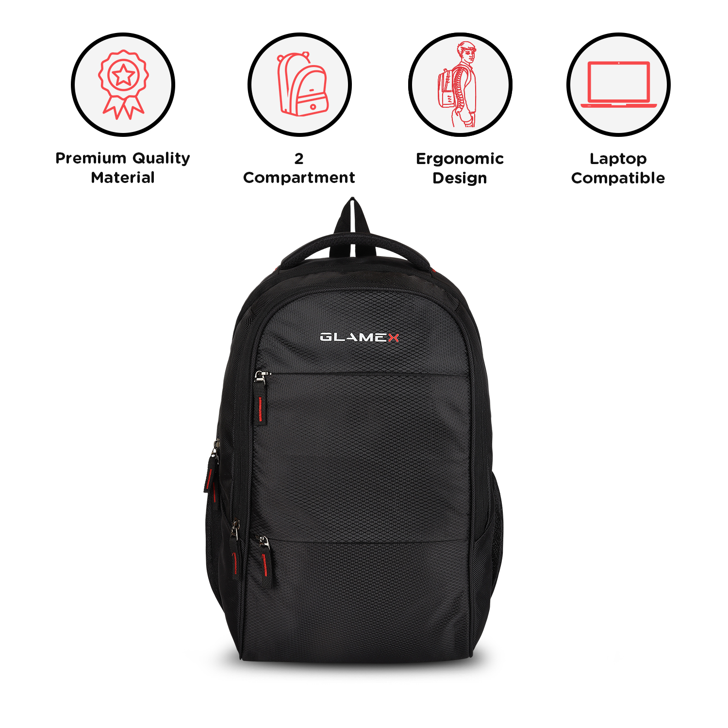 Glamex Messar Backpack | Premium Laptop Backpack, Ergonomic Design, Water Bottle Pocket, and Rain Cover Compatibility | Black