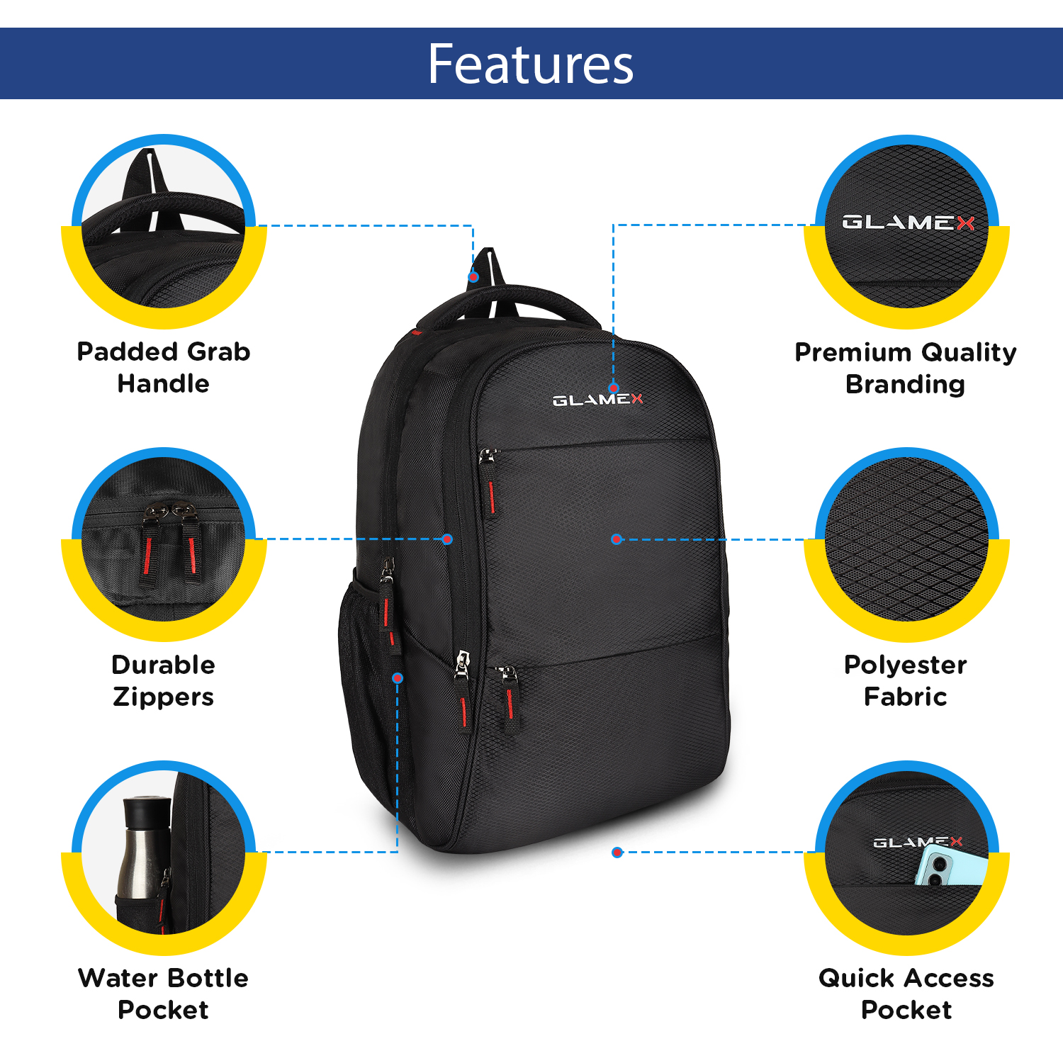 Glamex Messar Backpack | Premium Laptop Backpack, Ergonomic Design, Water Bottle Pocket, and Rain Cover Compatibility | Black