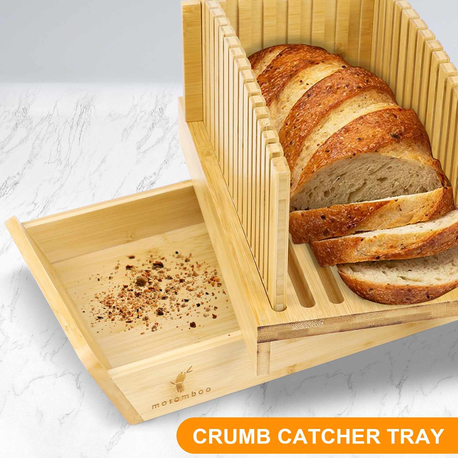 Mosomboo Bamboo Bread Slicer for Homemade Bread with Serrated Knife & Crumb Tray 