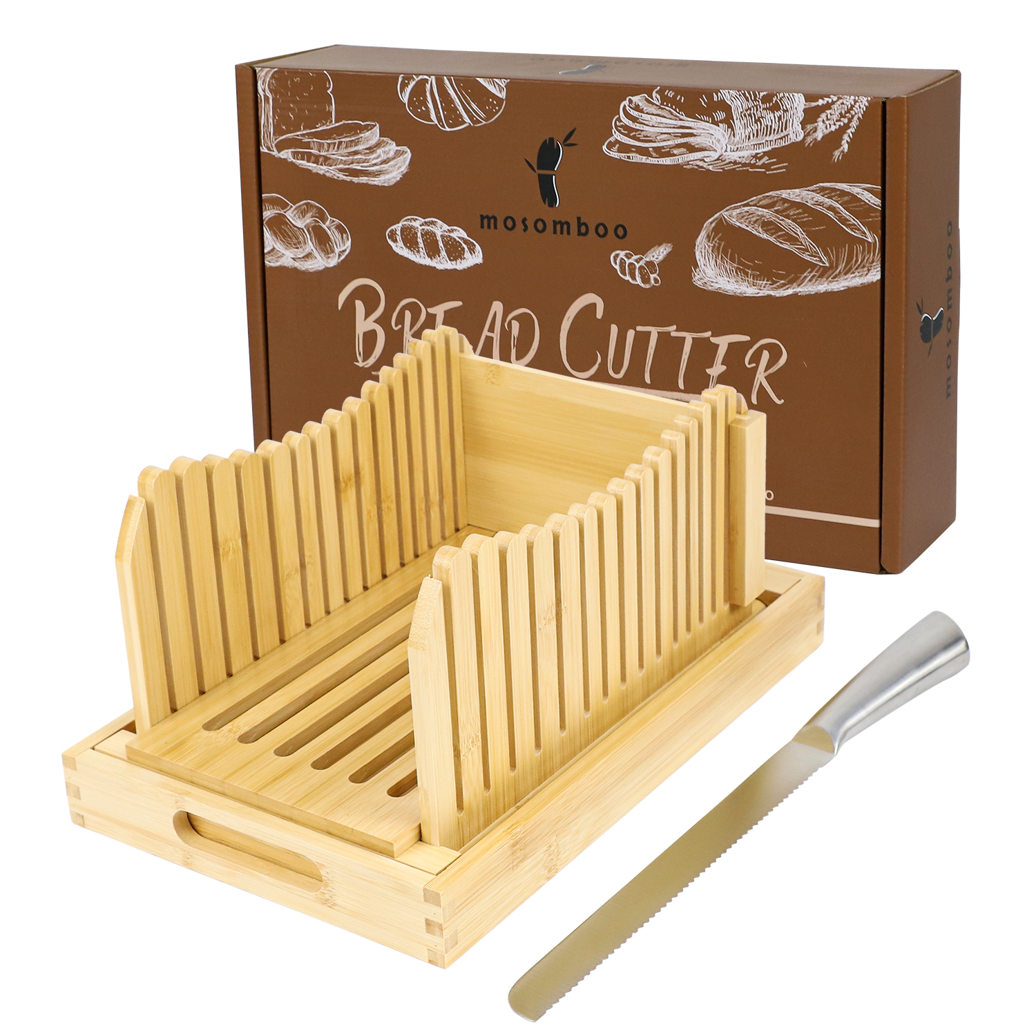 Mosomboo Bamboo Bread Slicer for Homemade Bread with Serrated Knife and Crumb Tray 