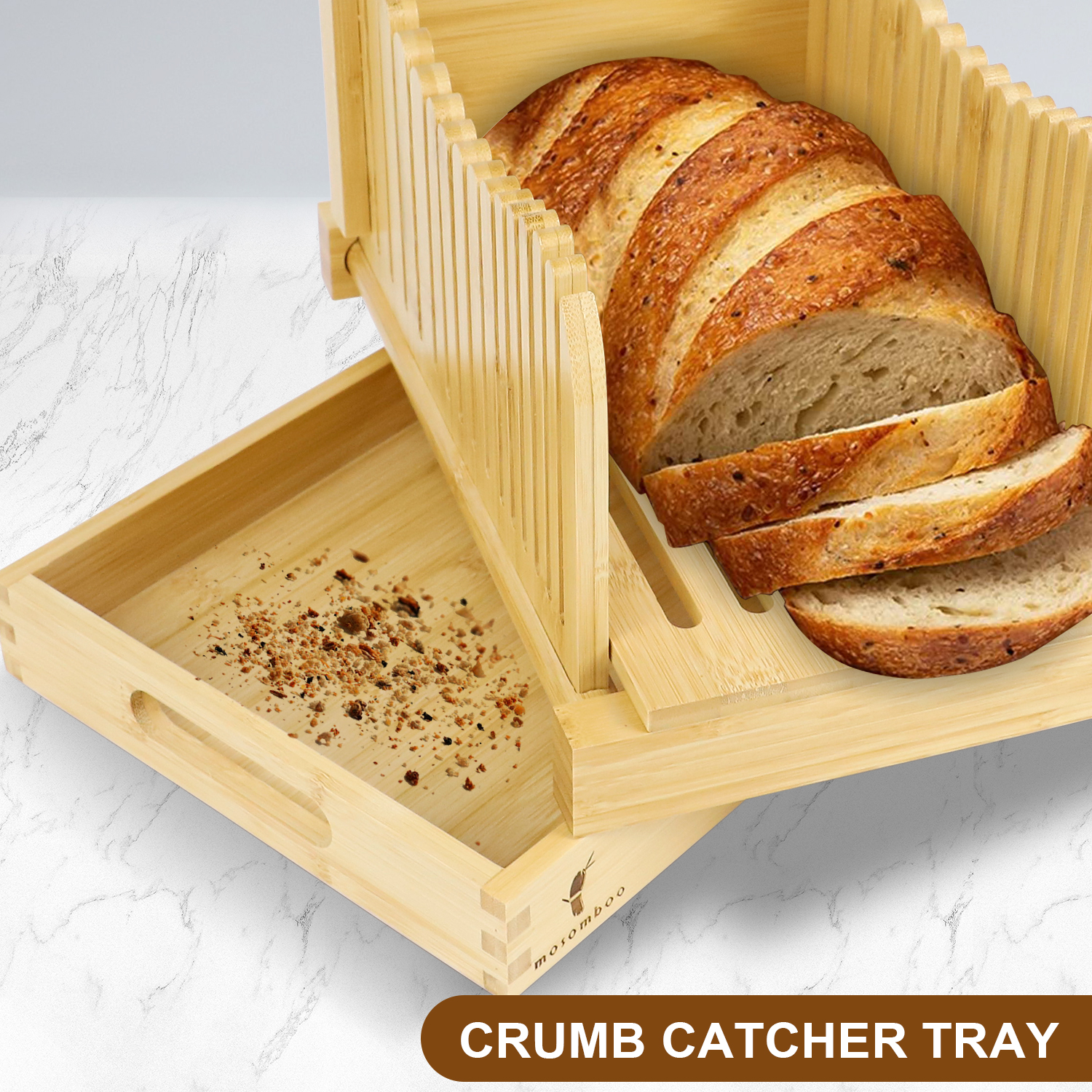 Mosomboo Bamboo Bread Slicer for Homemade Bread with Serrated Knife and Crumb Tray 