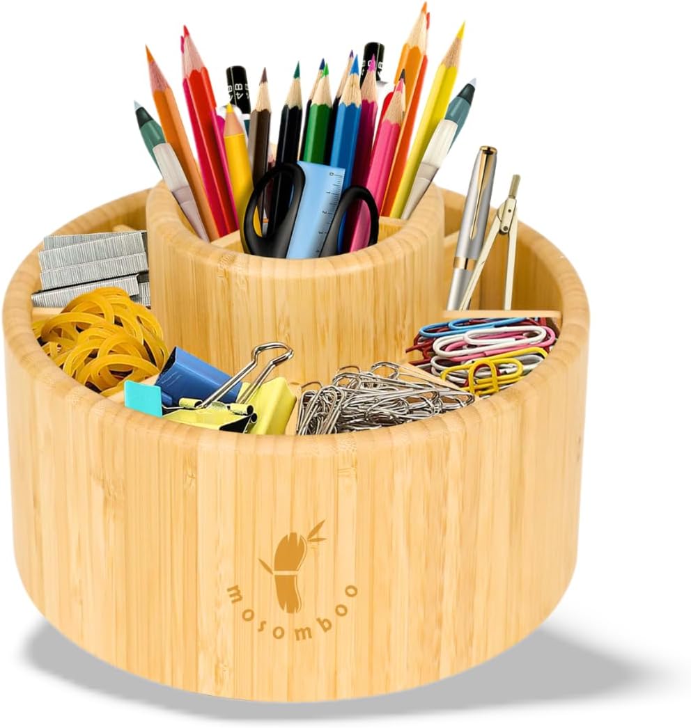 Mosomboo Bamboo Rotating Pen Organizer with 11 Compartments - 360° Bamboo Desk Organizer