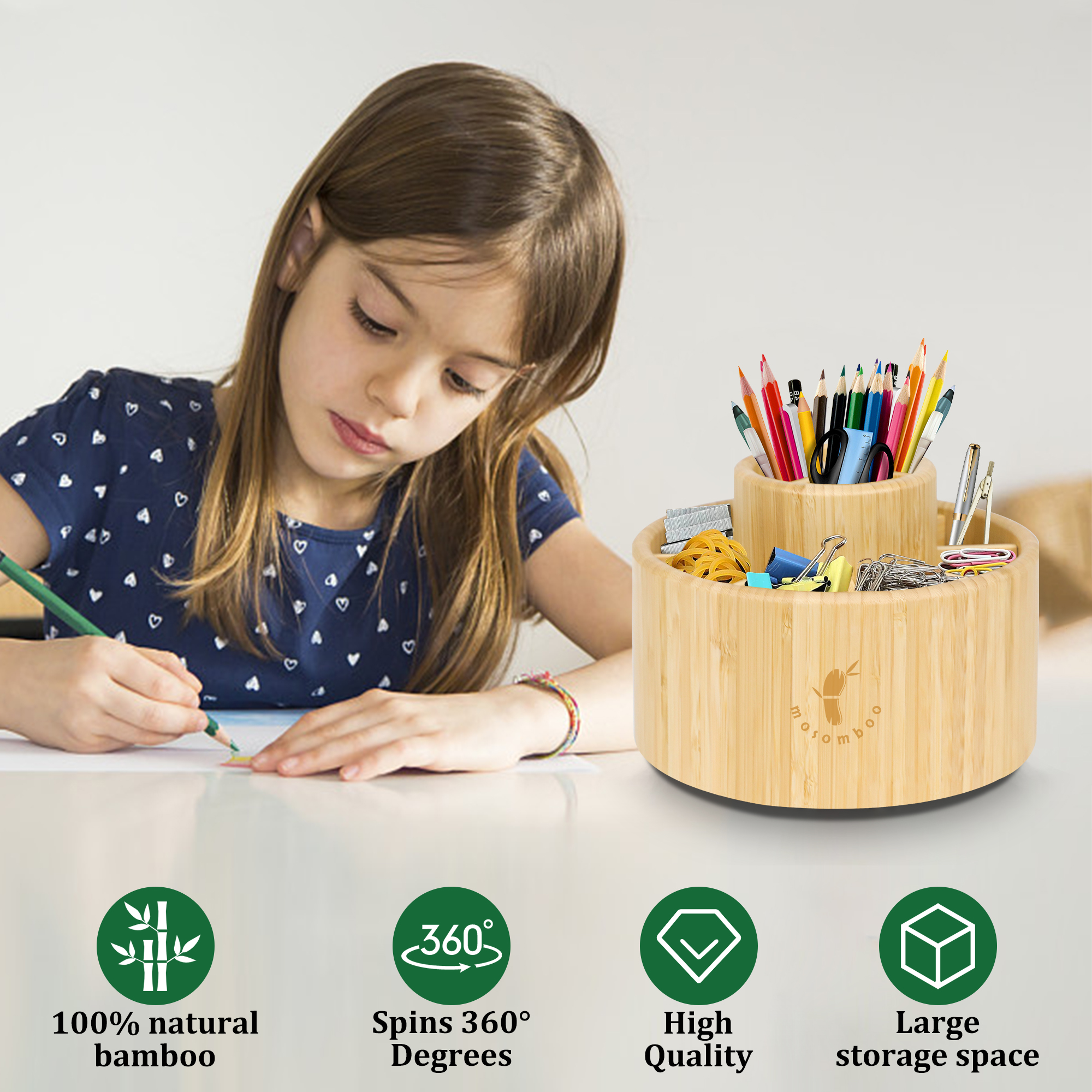Mosomboo Bamboo Rotating Pen Organizer with 11 Compartments - 360° Bamboo Desk Organizer