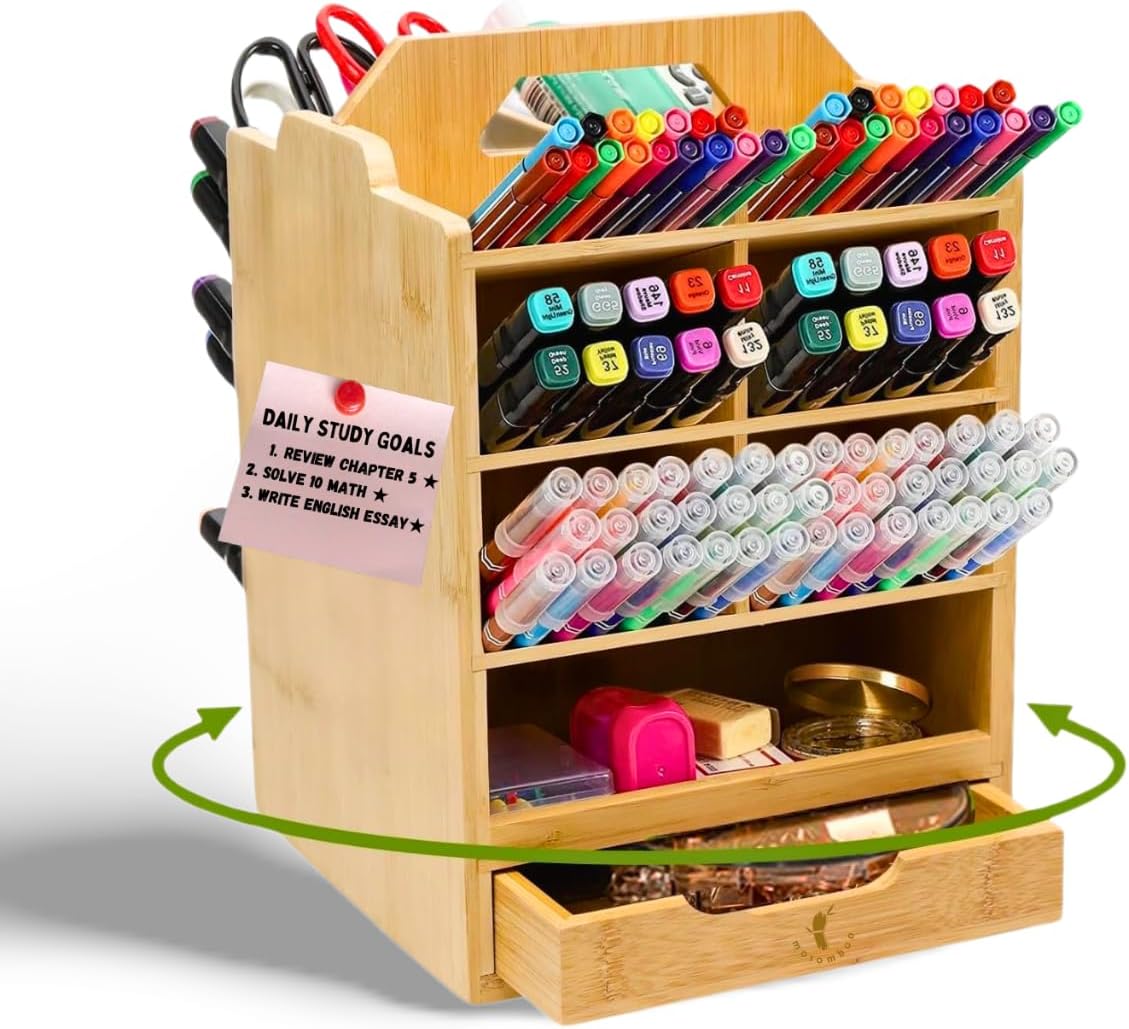  Mosomboo Bamboo Pen Holder Organizer, Hold 400+ Pencils - 360°Rotating Art Organizer with 14 Compartments and 1 Removable Drawer
