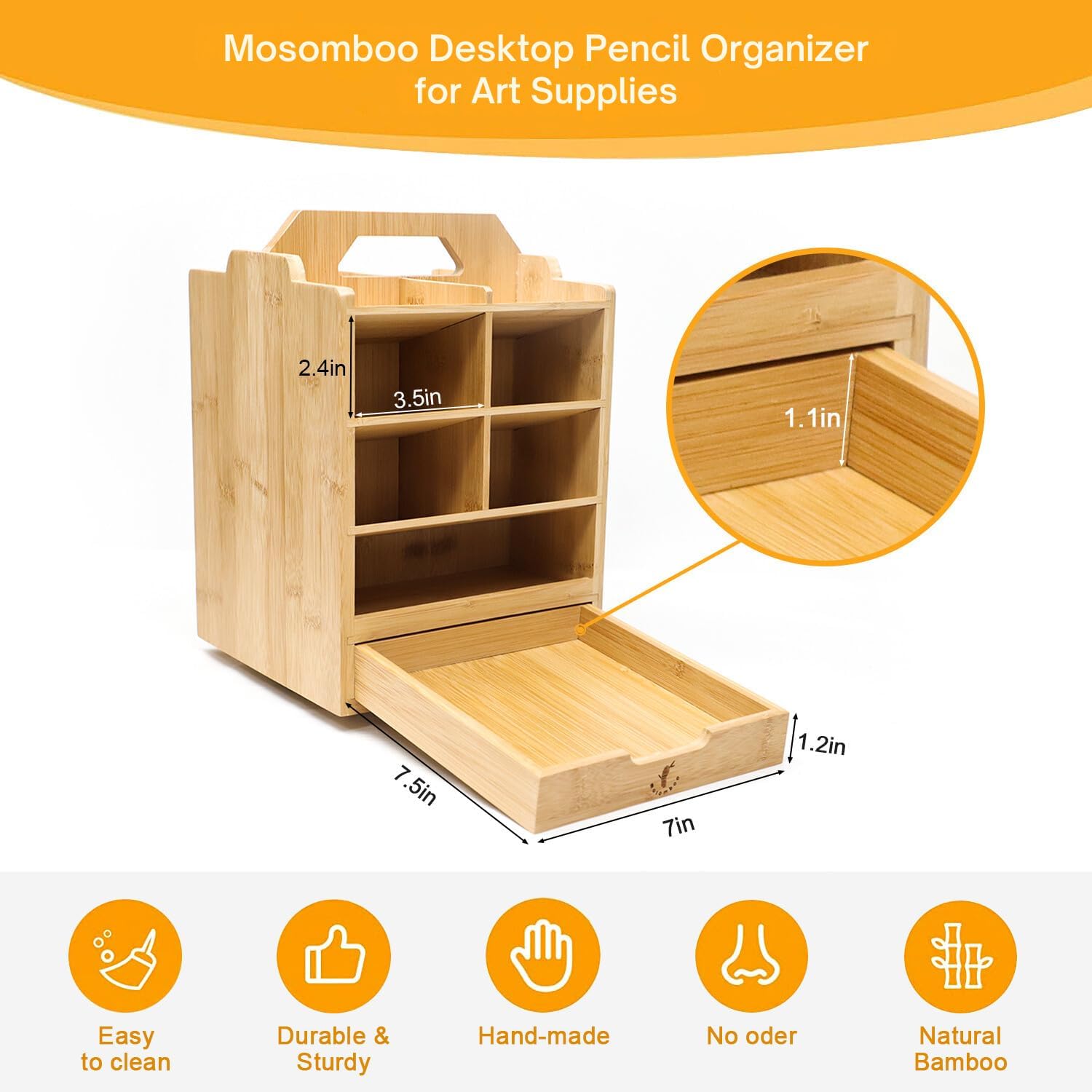  Mosomboo Bamboo Pen Holder Organizer, Hold 400+ Pencils - 360°Rotating Art Organizer with 14 Compartments and 1 Removable Drawer