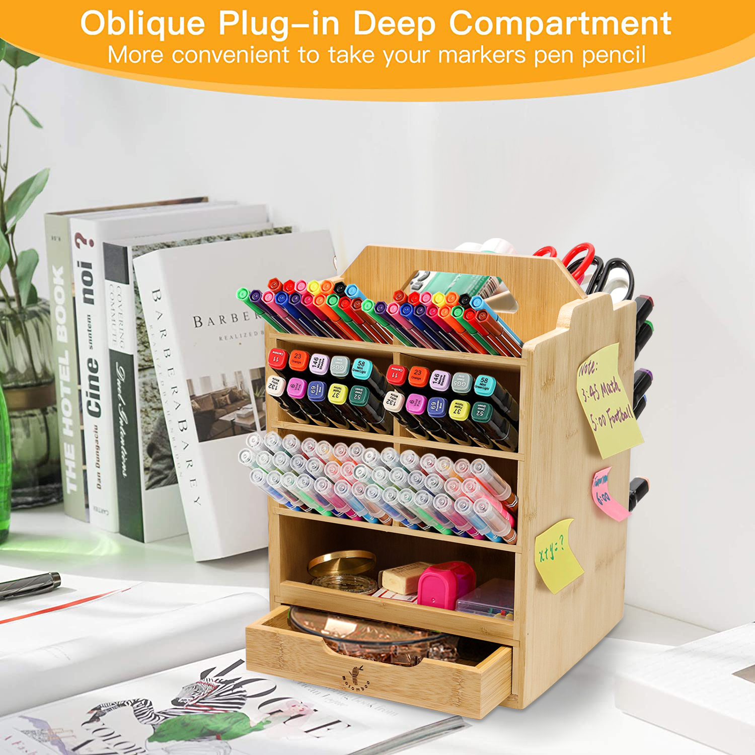  Mosomboo Bamboo Pen Holder Organizer, Hold 400+ Pencils - 360°Rotating Art Organizer with 14 Compartments and 1 Removable Drawer