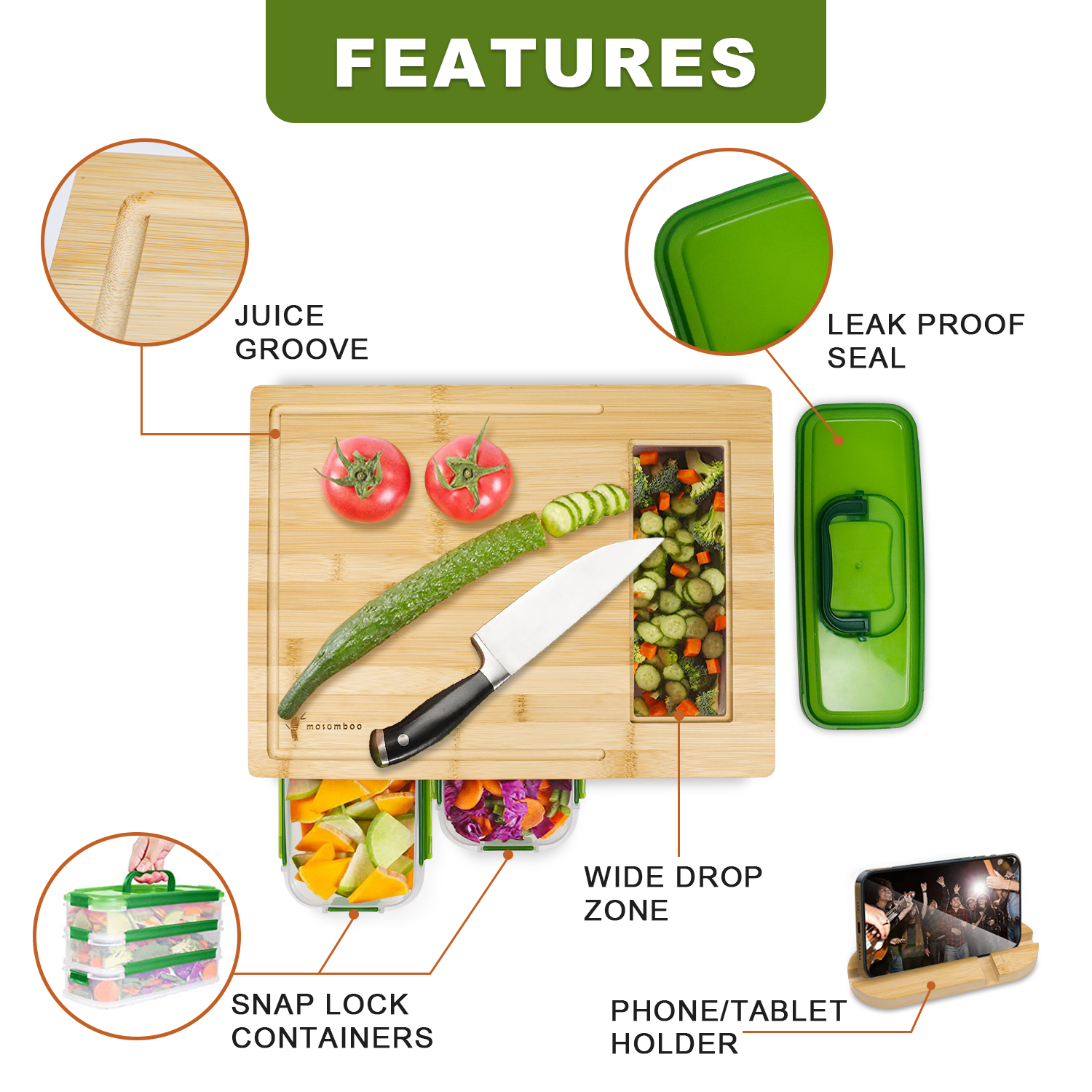  Mosomboo Bamboo Cutting Board with Containers, Large Smart Cutting Board Set with Stackable Containers