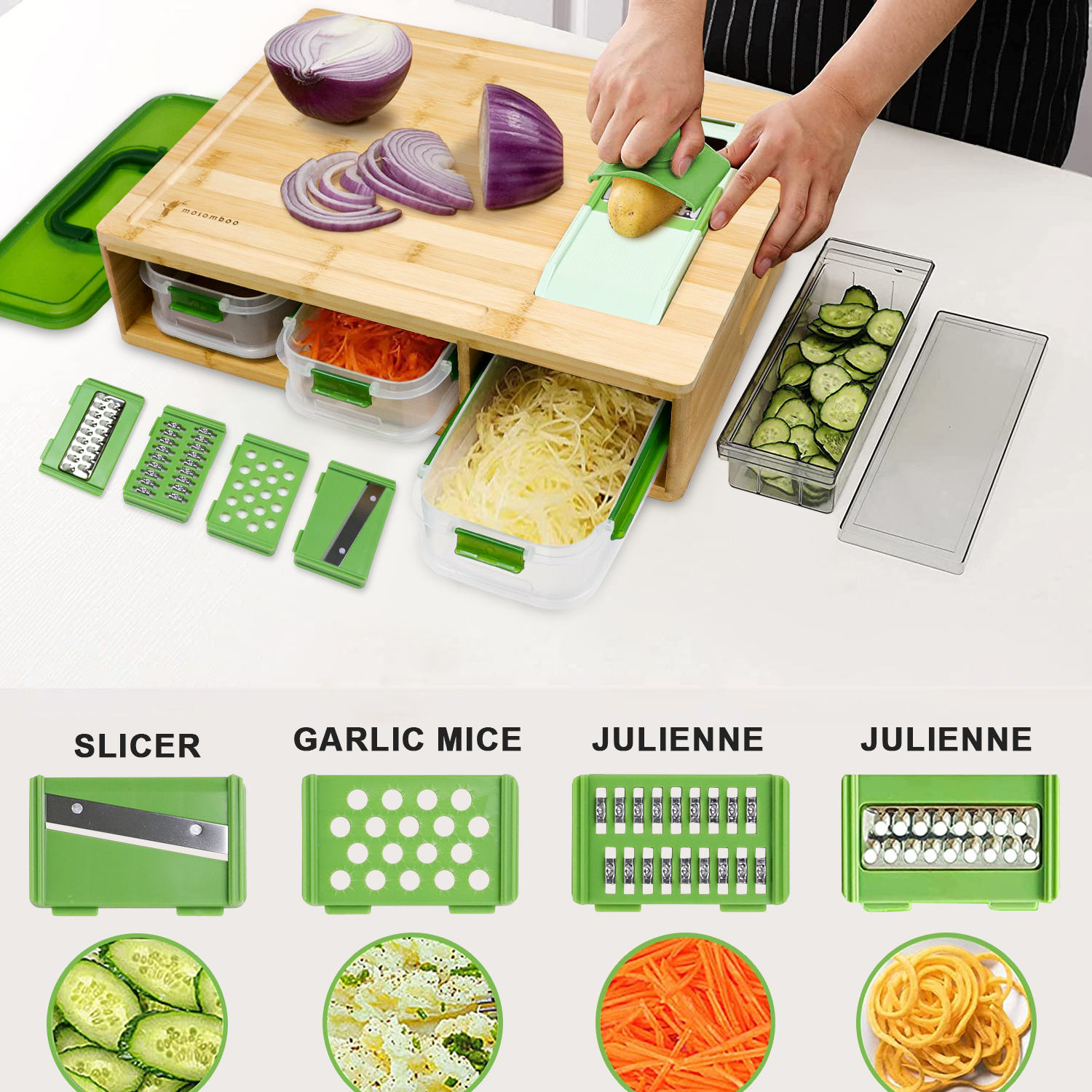  Mosomboo Bamboo Cutting Board with Containers, Large Smart Cutting Board Set with Stackable Containers