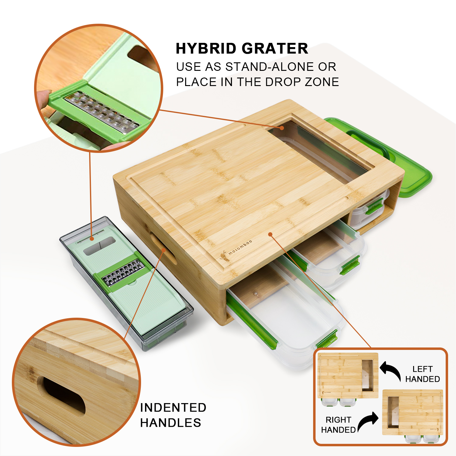  Mosomboo Bamboo Cutting Board with Containers, Large Smart Cutting Board Set with Stackable Containers