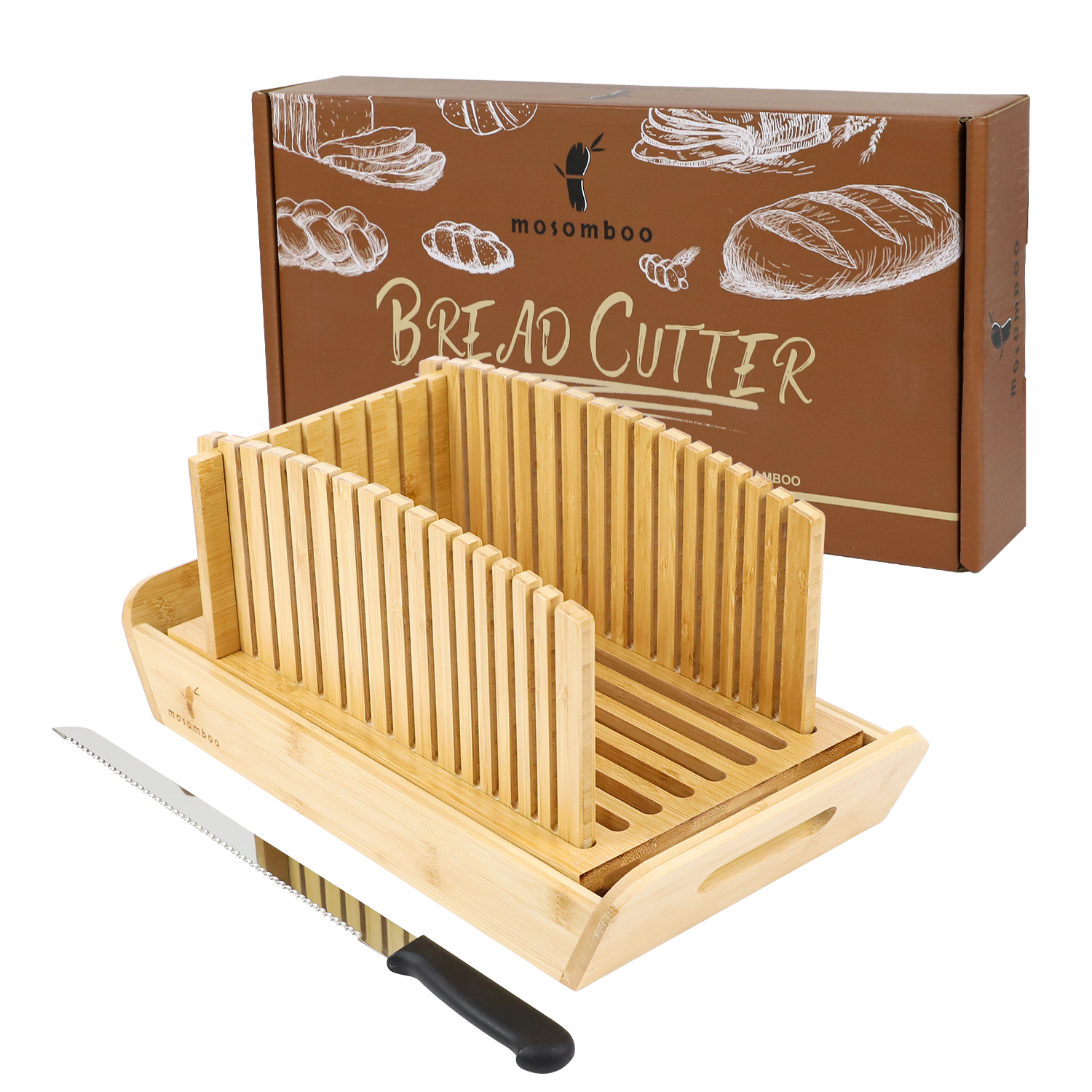 Mosomboo Bamboo Bread Slicer for Homemade Bread with Serrated Knife & Crumb Tray 