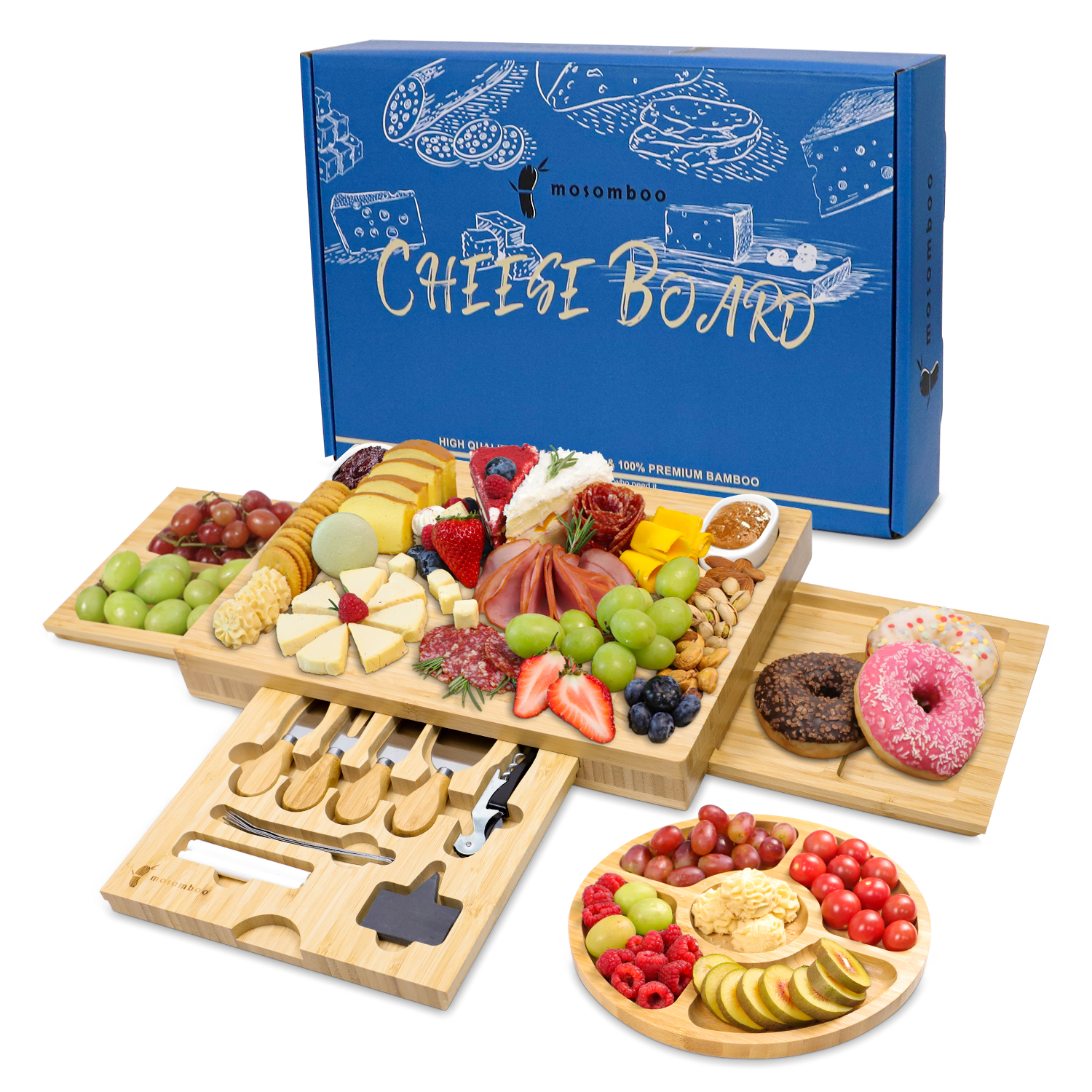 Mosomboo Charcuterie Boards Gift Set - Premium Bamboo Cheese Board Set with Three Drawers