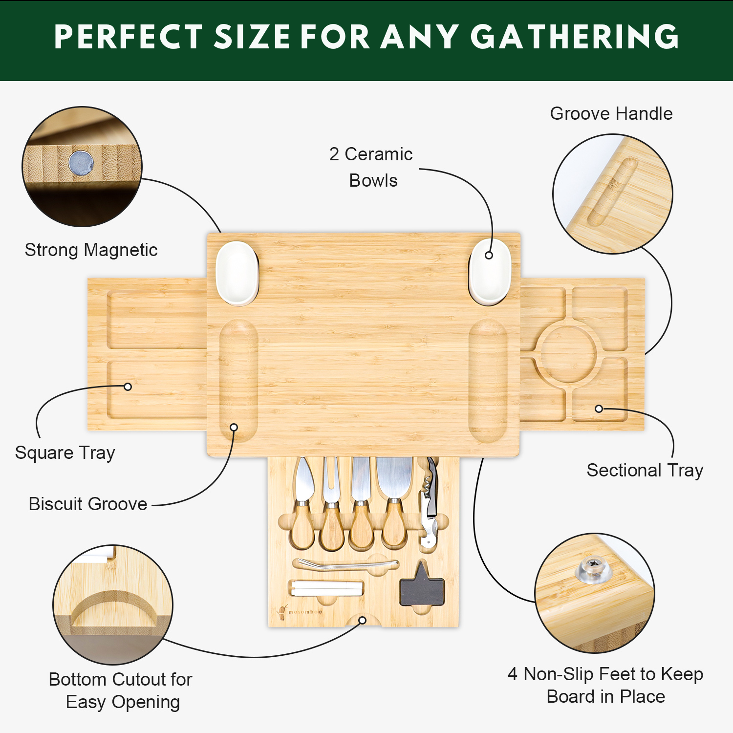 Mosomboo Charcuterie Boards Gift Set - Premium Bamboo Cheese Board Set with Three Drawers