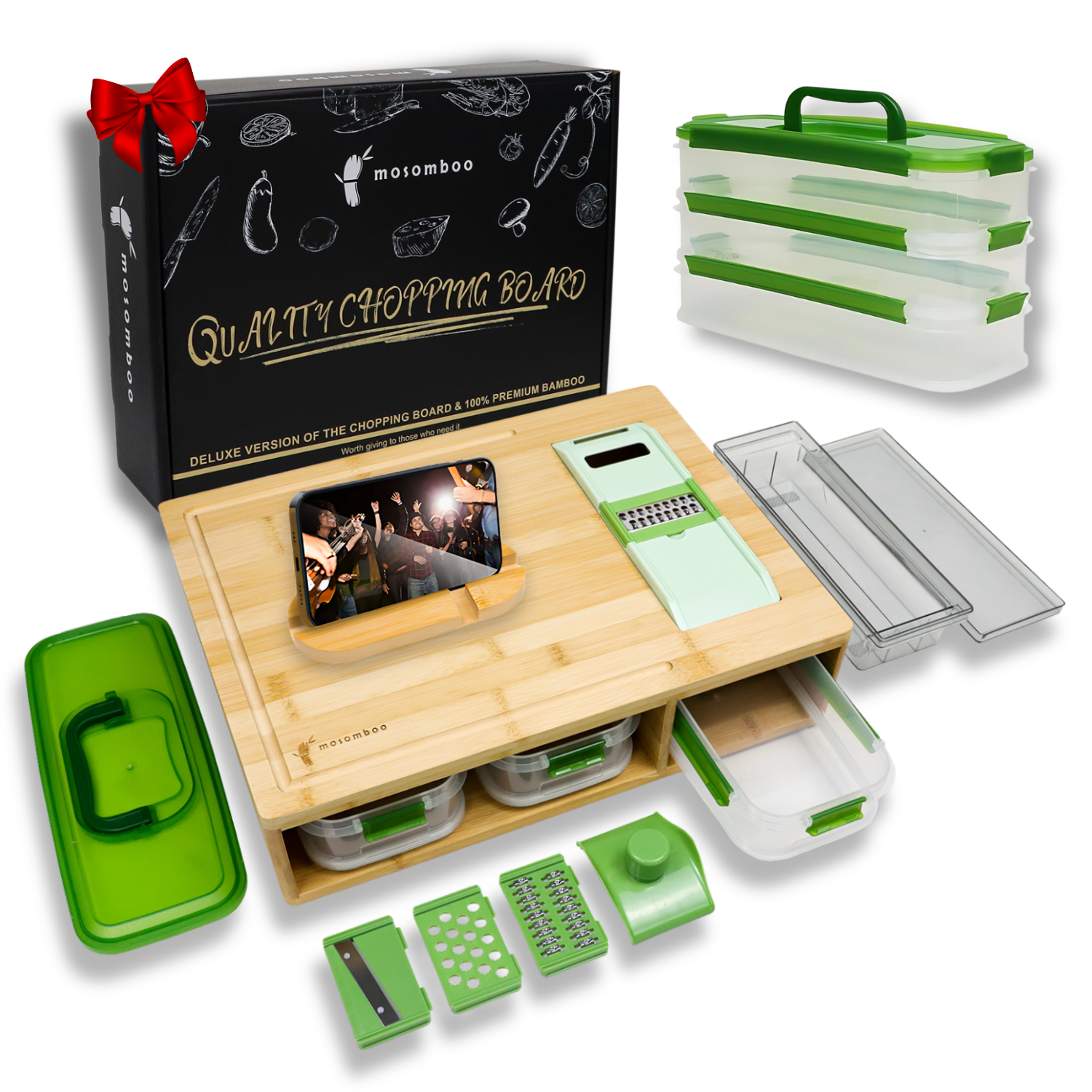  Mosomboo Bamboo Cutting Board with Containers, Large Smart Cutting Board Set with Stackable Containers