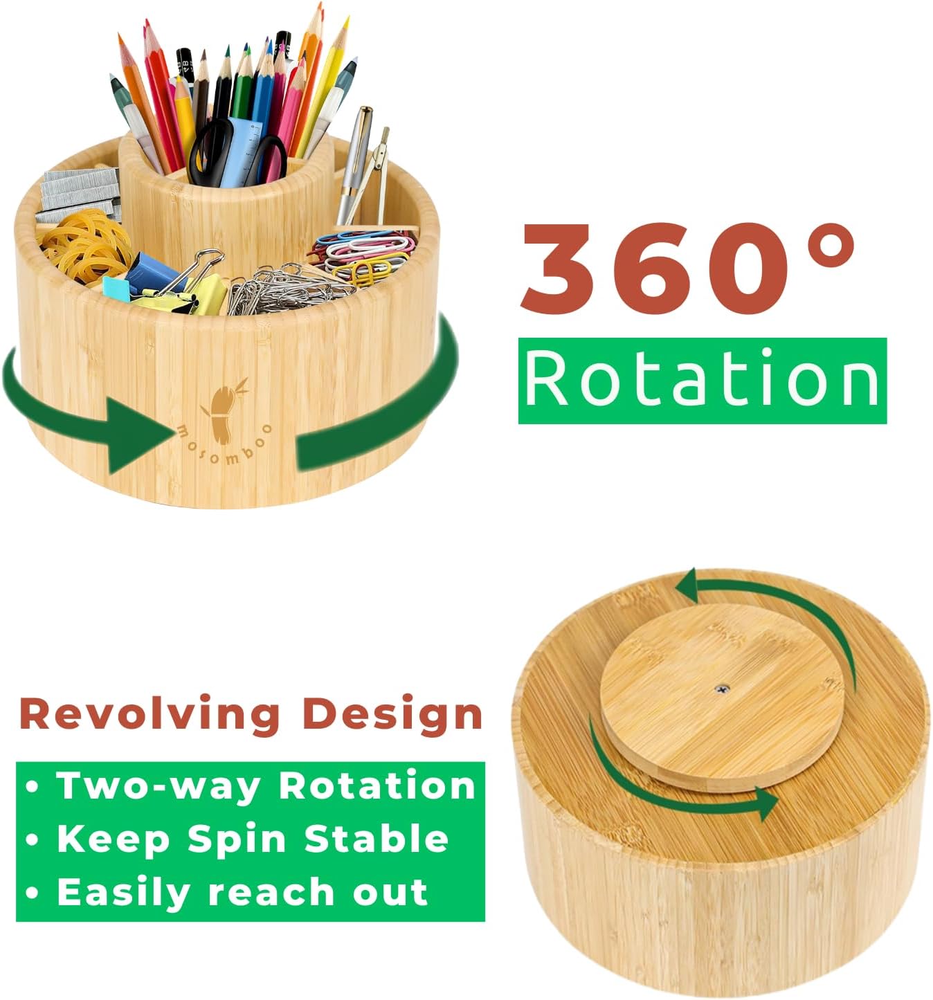 Mosomboo Bamboo Rotating Pen Organizer with 11 Compartments - 360° Bamboo Desk Organizer