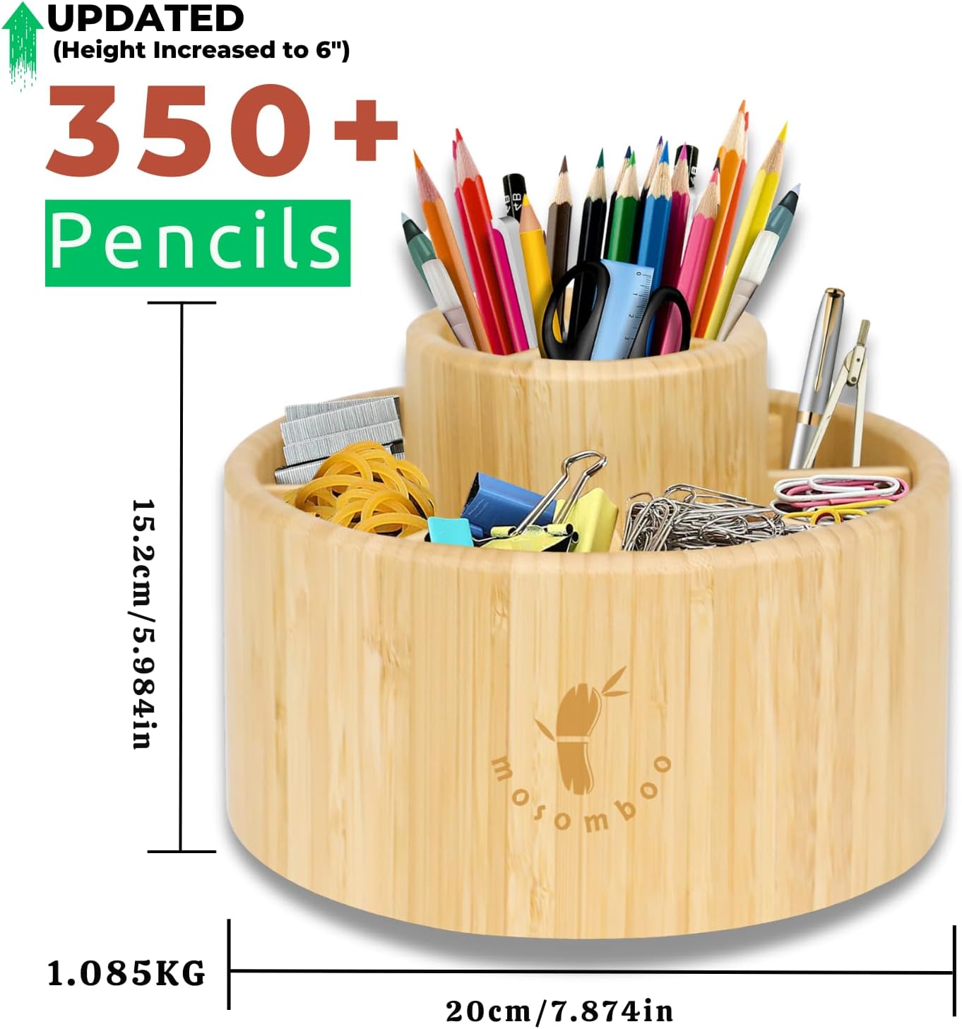 Mosomboo Bamboo Rotating Pen Organizer with 11 Compartments - 360° Bamboo Desk Organizer