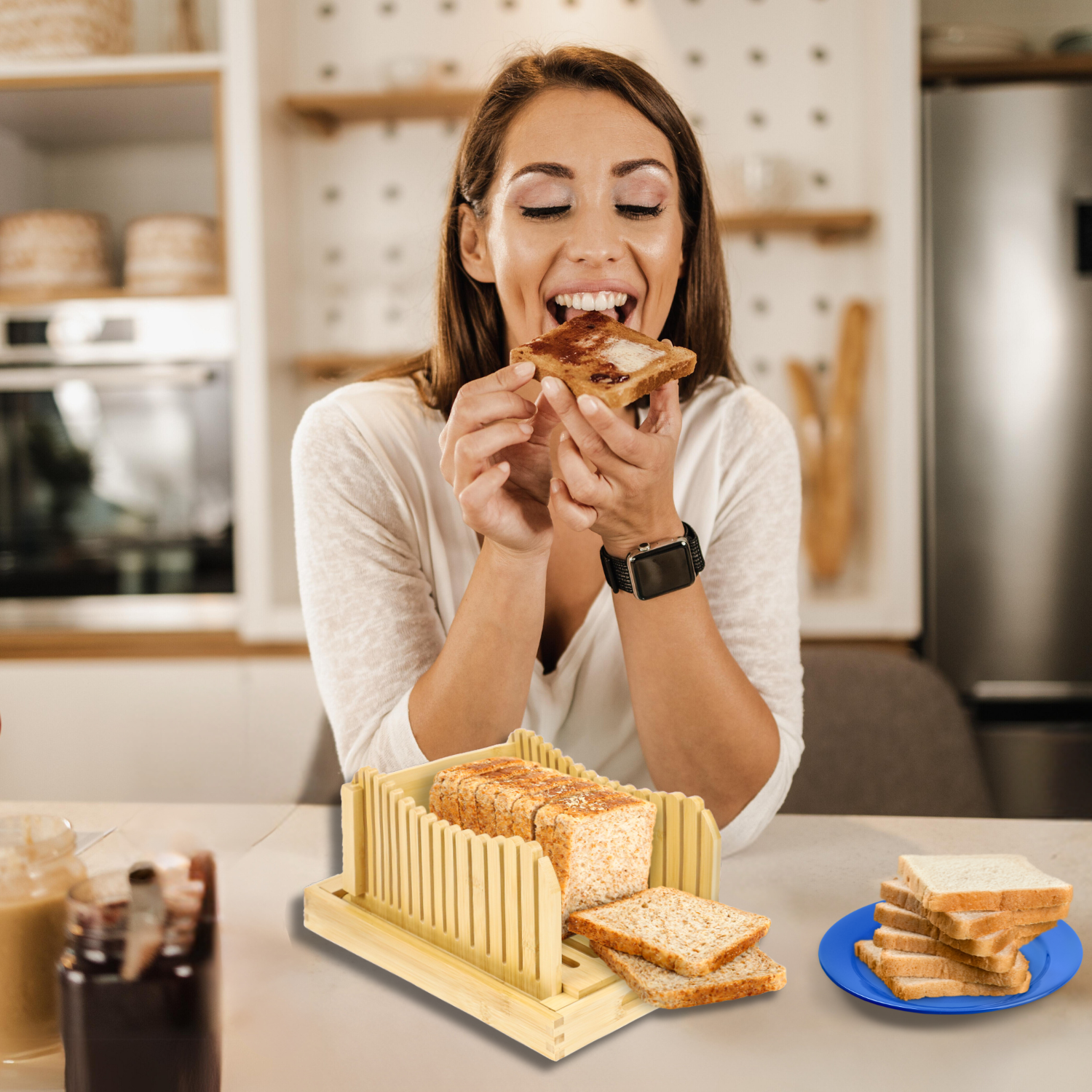 Mosomboo Bamboo Bread Slicer for Homemade Bread with Serrated Knife and Crumb Tray 