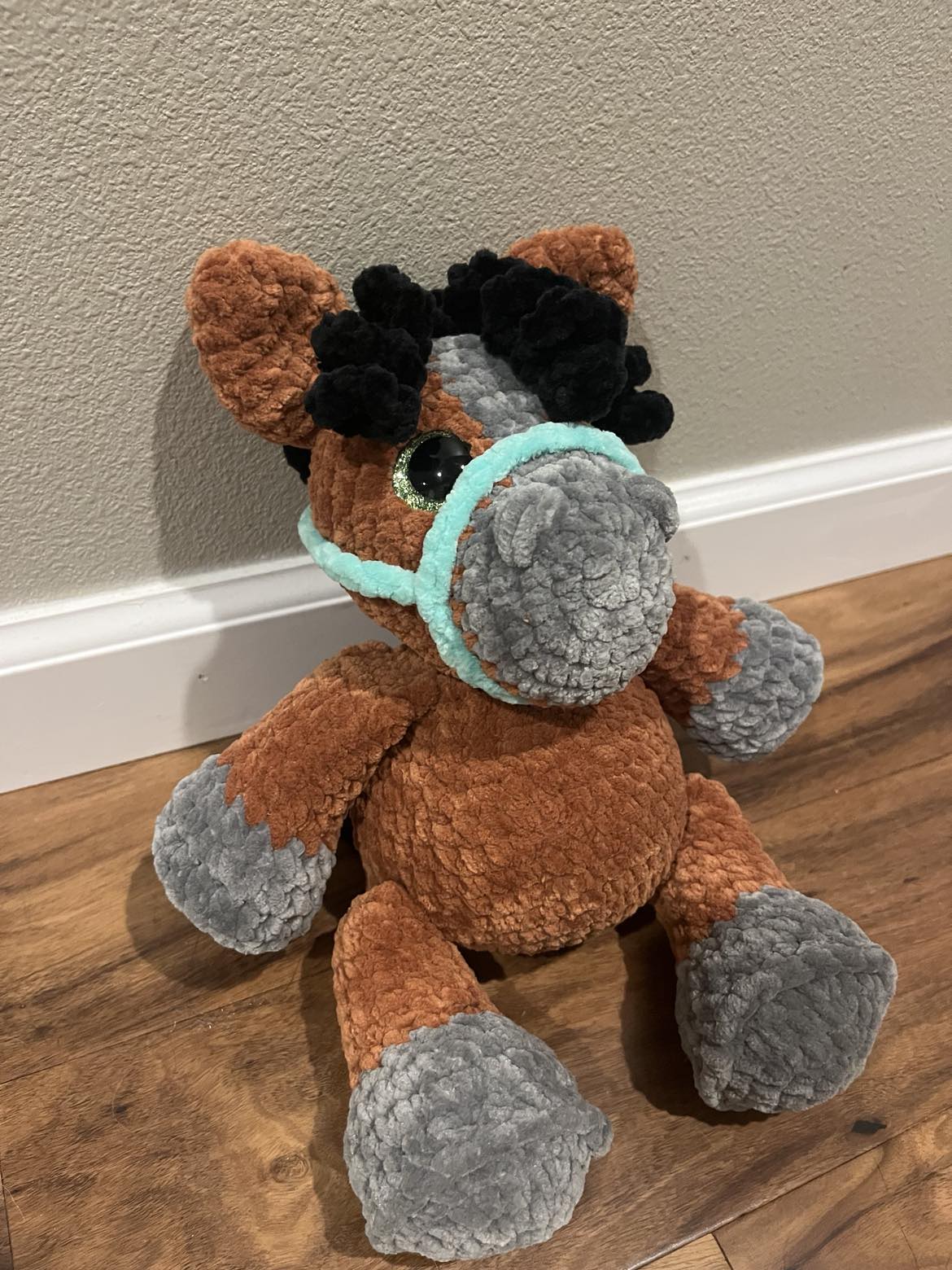 Crocheted Brown Horse with Turquoise Bridle