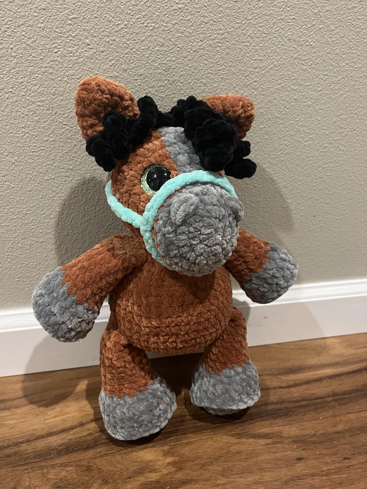 Crocheted Brown Horse with Turquoise Bridle