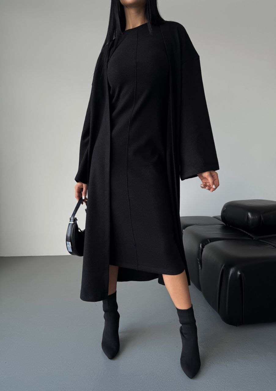 Juodas dviejų dalių kostiumėlis - suknelė ir kardiganas