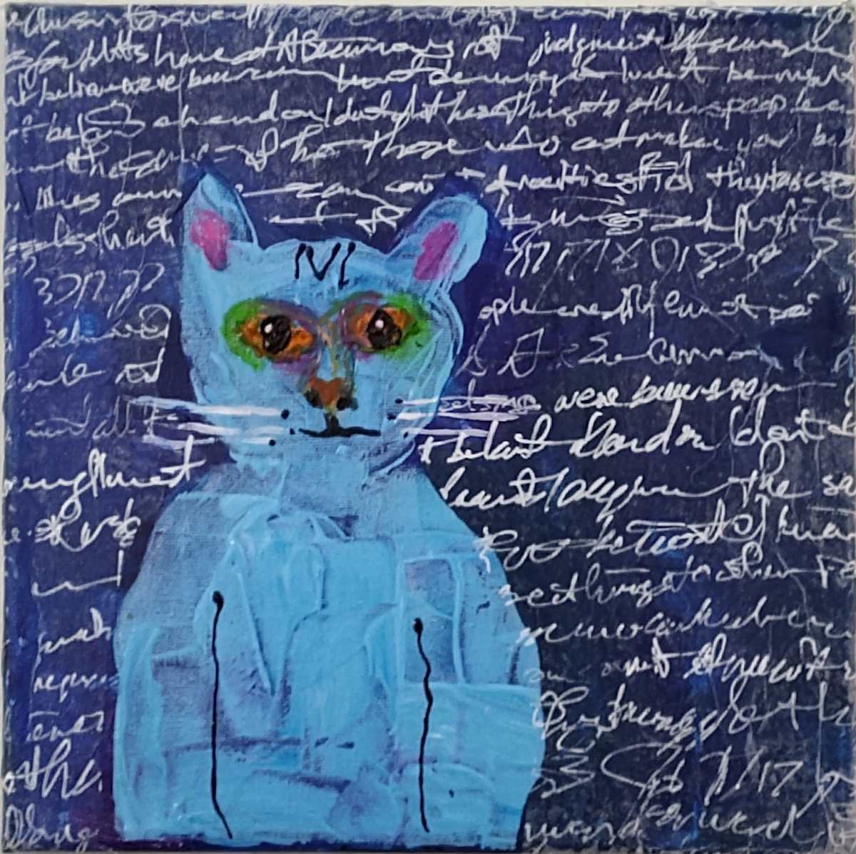 Sky Blue Cat (A whimsical, framed feline artwork on a script-covered canvas)