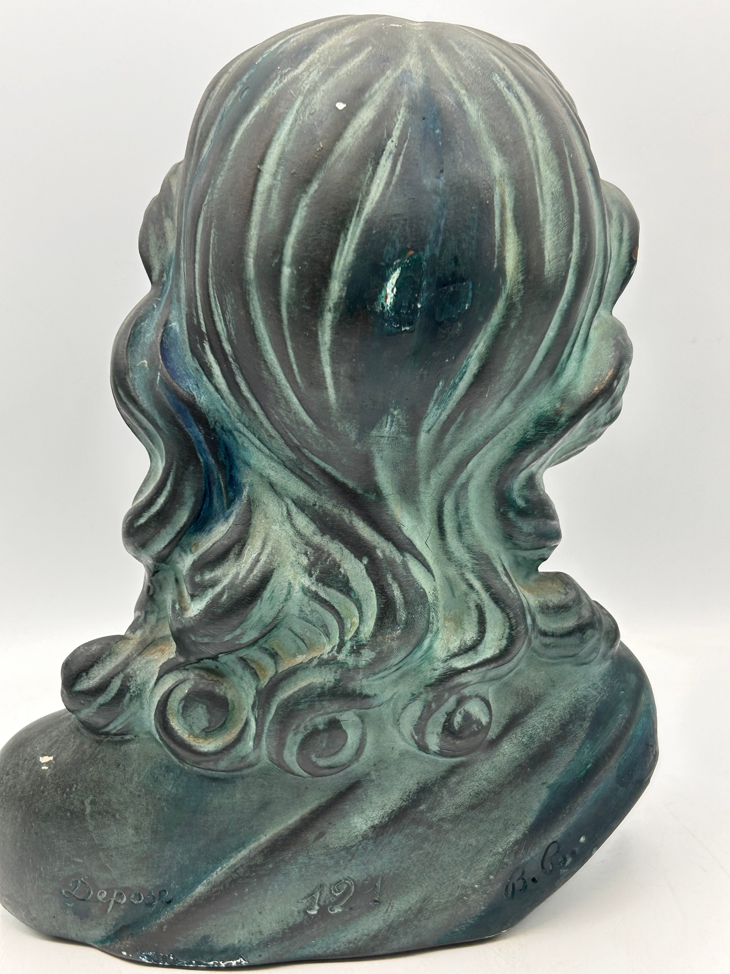 Terracotta bust of a Girl Signed Depose B.B. 121 Stands 26cm High