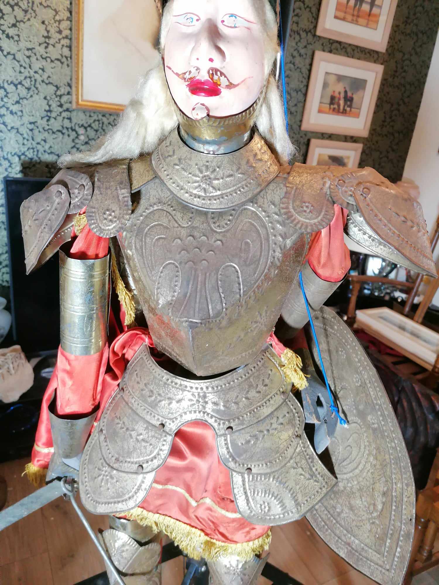 Italian 3 Foot tin plate and wood Vintage 1930s Sicilian Pupo Marionette Puppet