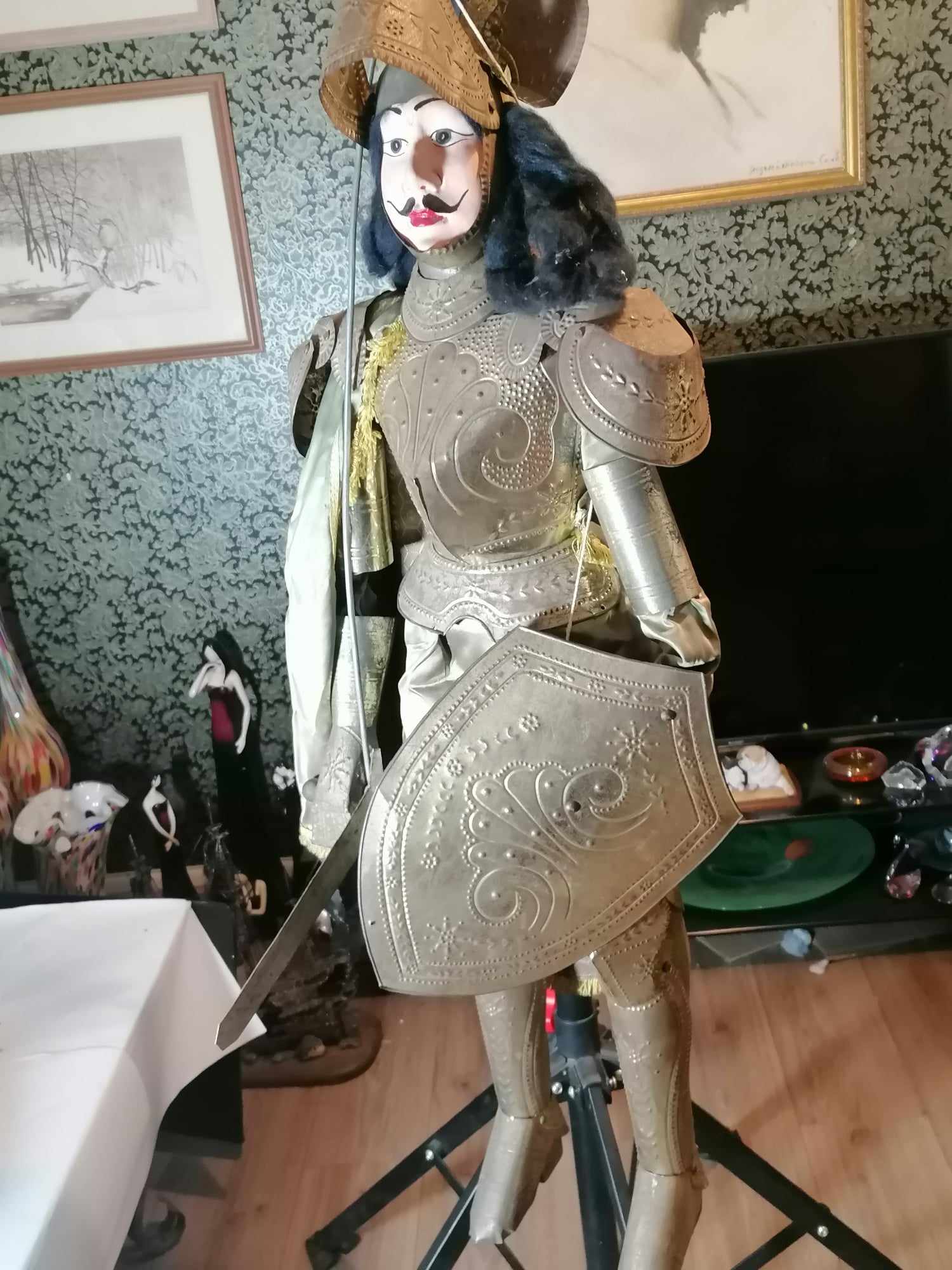  3 Foot tin plate and wood Vintage 1930s Sicilian Pupo Marionette Puppet Green