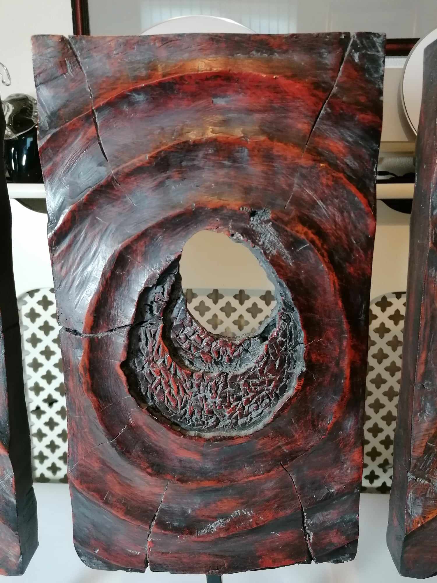  Hand Carved Red Wood Triptych sculpture by Austin 21" high Beautiful pieces