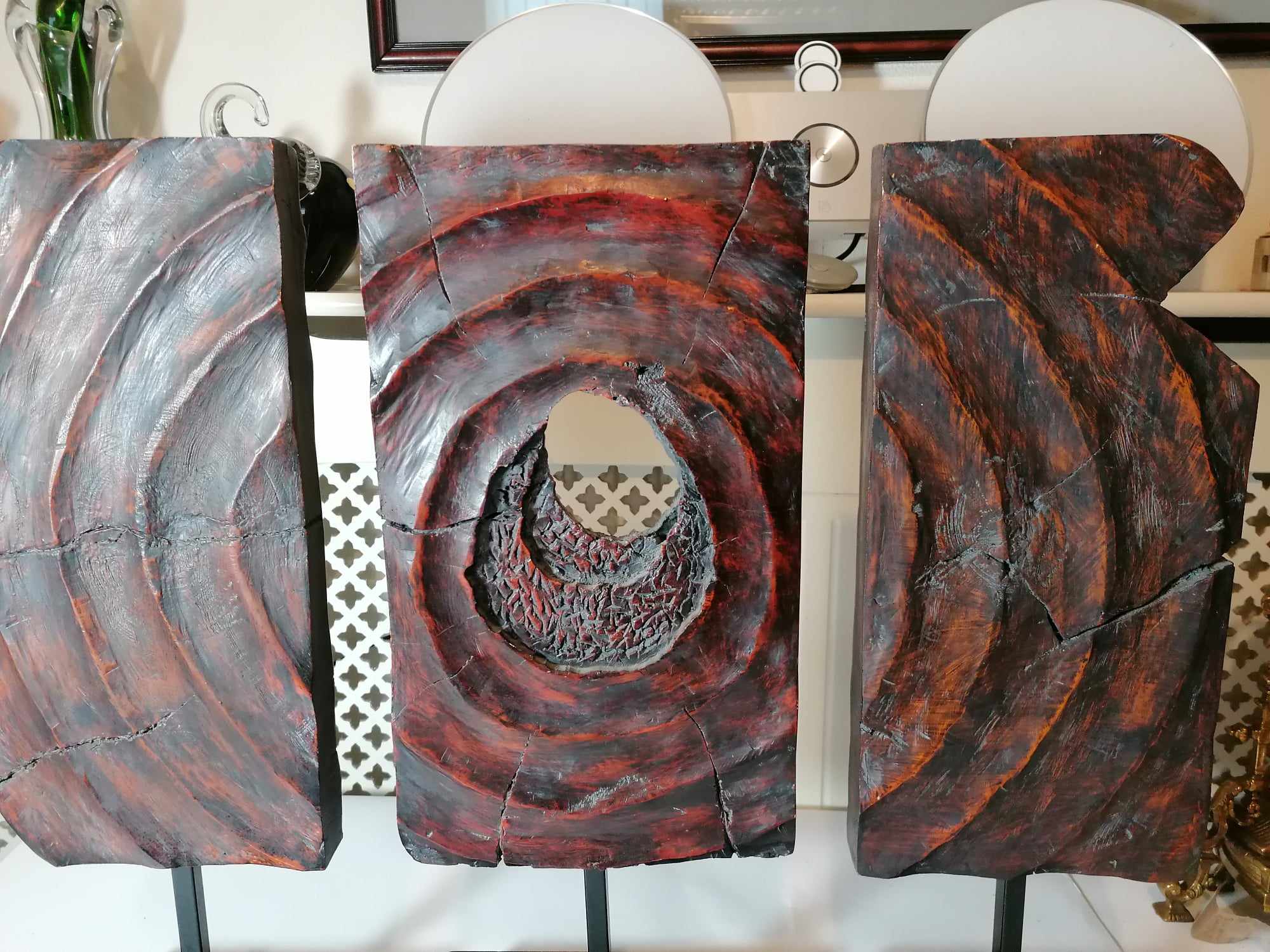  Hand Carved Red Wood Triptych sculpture by Austin 21" high Beautiful pieces