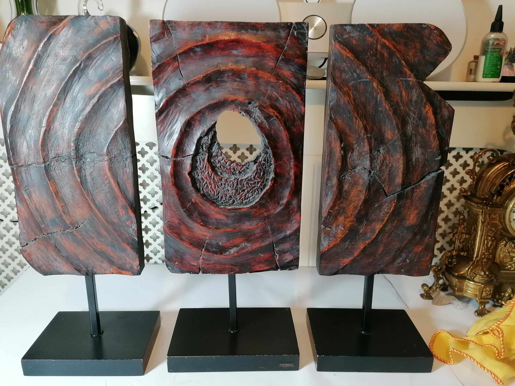  Hand Carved Red Wood Triptych sculpture by Austin 21" high Beautiful pieces