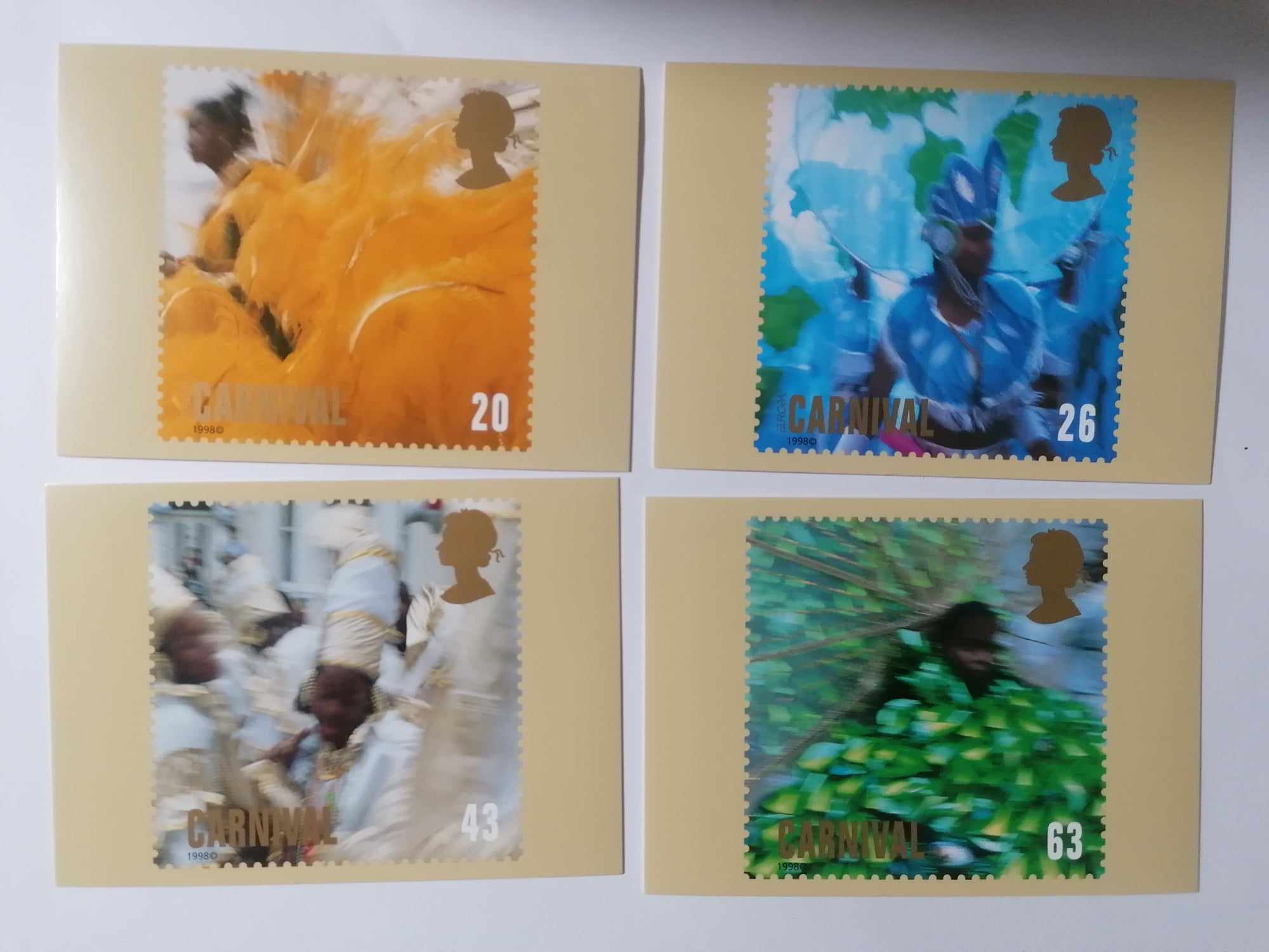 Set of 4 PHQ200 Royal Mail Stamp Postcards Carnival (Green Masquerade) 1998