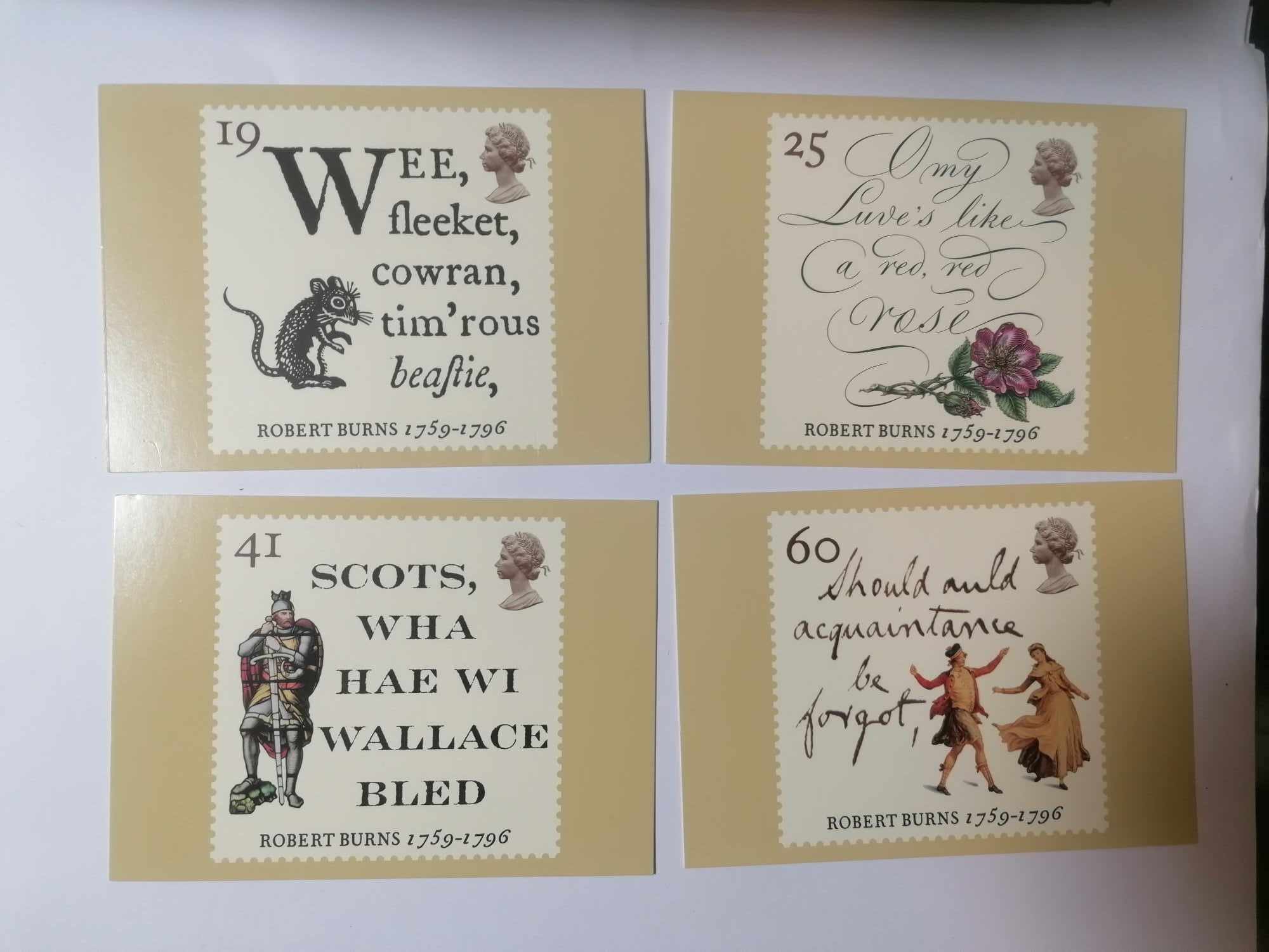 Set of 4 PHQ176 Royal Mail Stamp Postcards Robert Burns (Auld lang syne/Detail form a highland dance) 1996