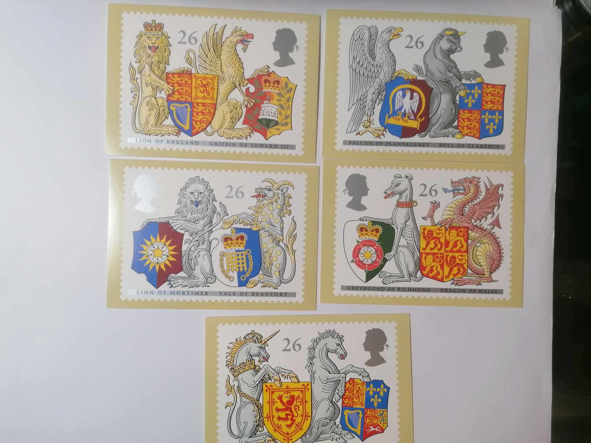 Set of 5 PHQ195 Royal Mail Stamp Postcards The Queens Beasts 1998