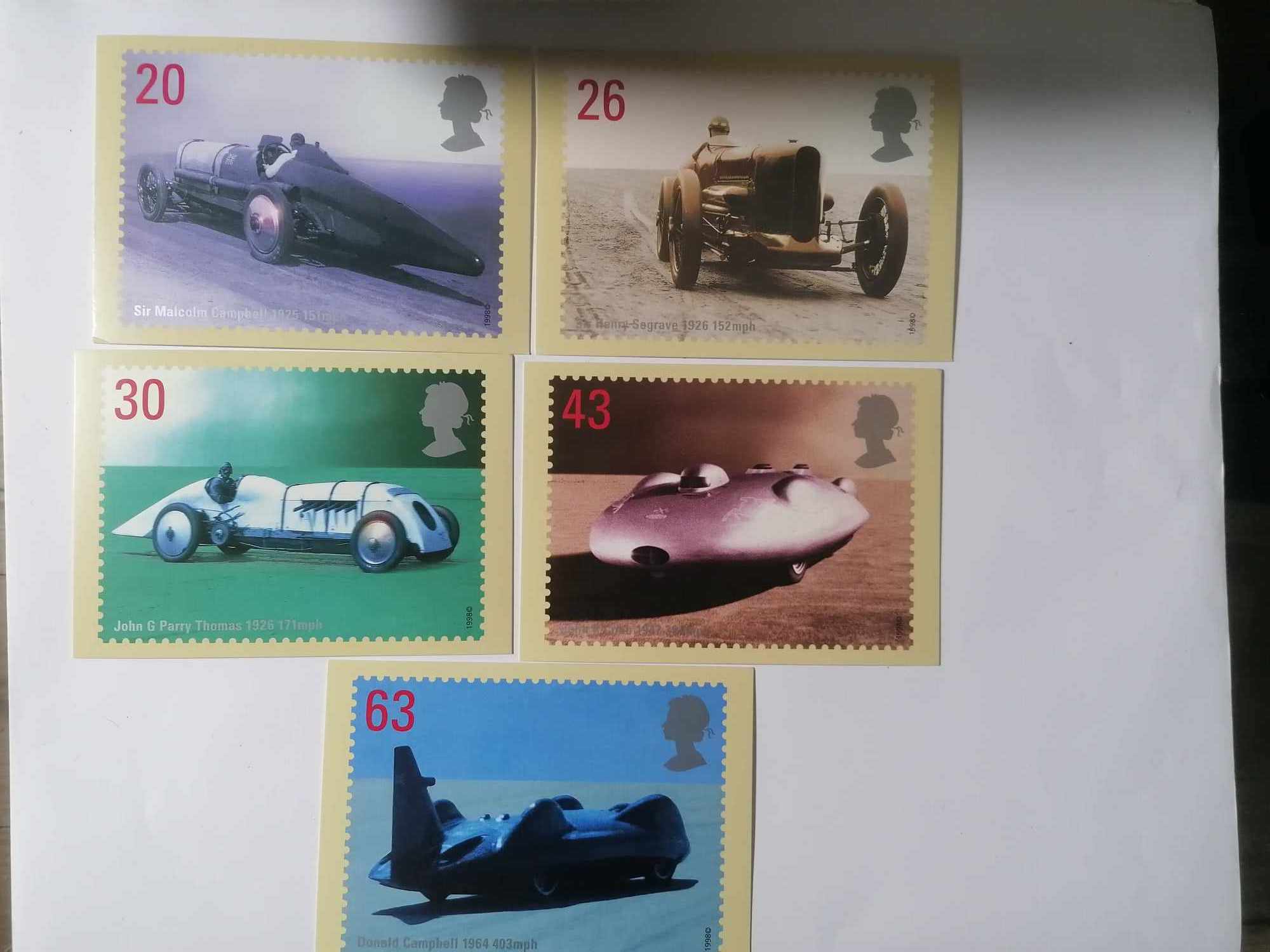 Set of 5 PHQ201 Royal Mail Stamp Postcards Speed (Donald campbell 1964 etc) 1998