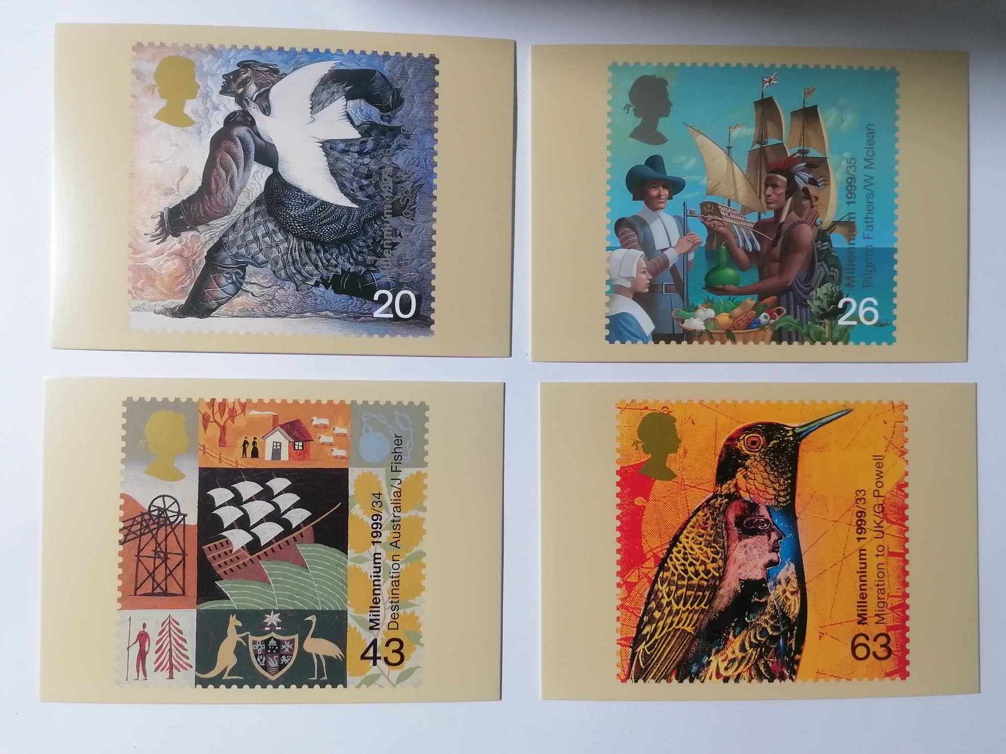 Set of 4 PHQ206 Royal Mail Stamp Postcards Settlers Tale 1999