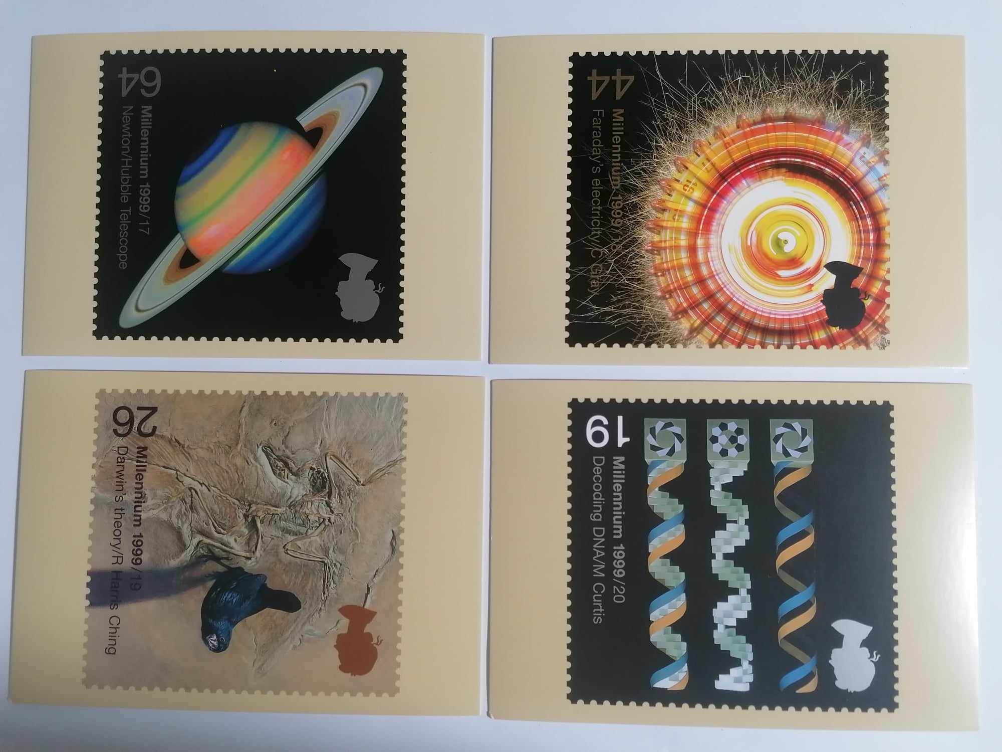 Set of 4 PHQ210 Royal Mail Stamp Postcards Scientists Tale 1999