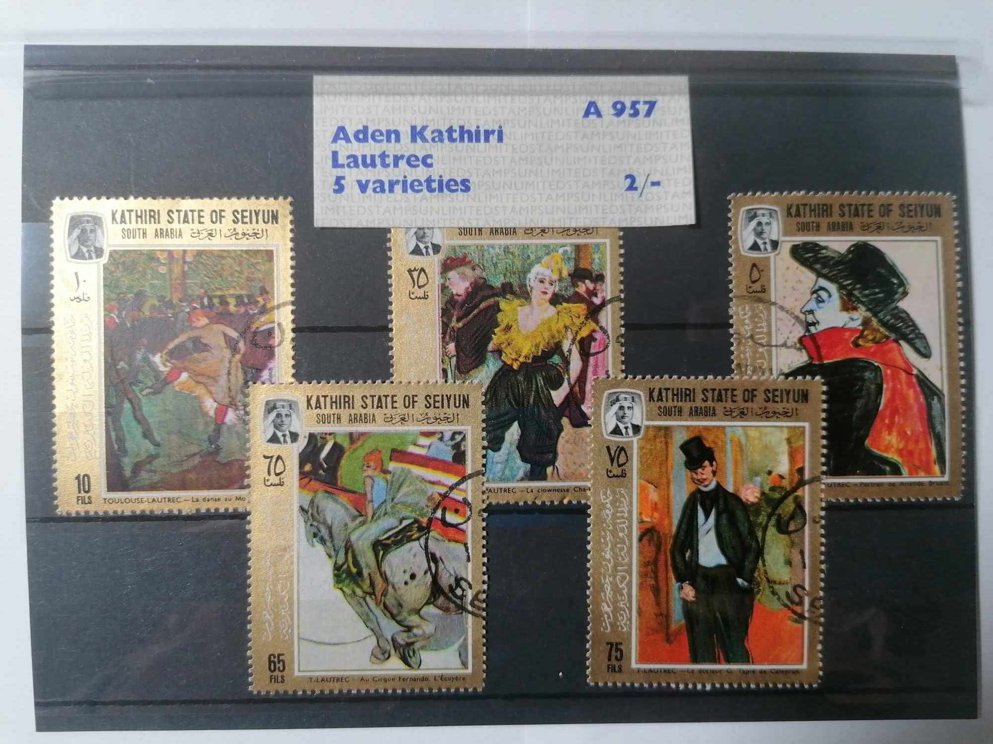 Postage stamp set 5 versions Aden Kathiri Lautrec A957 1960s