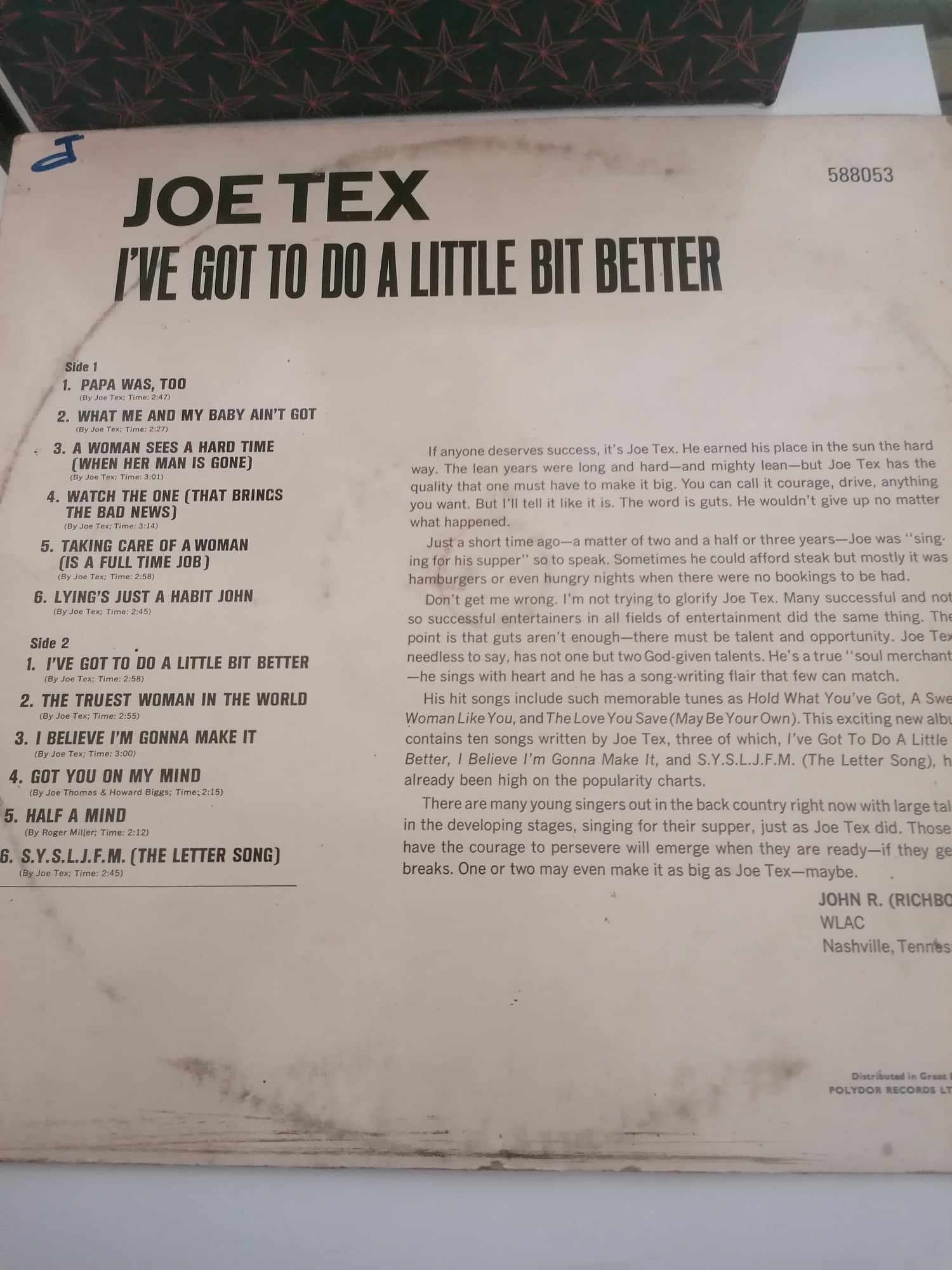   Joe Tex – I've Got To Do A Little Bit Better Vinyl LP 1966 Excellent condition Vinyl Sleeve a bit tatty.