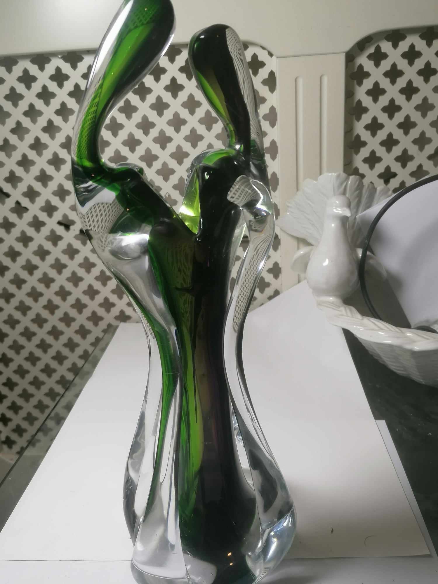 Murano Abstract Lover Embrace/One Love tall vase 35cm high 2 Kilos weight No chips or cracks iin Green Clear and Purple